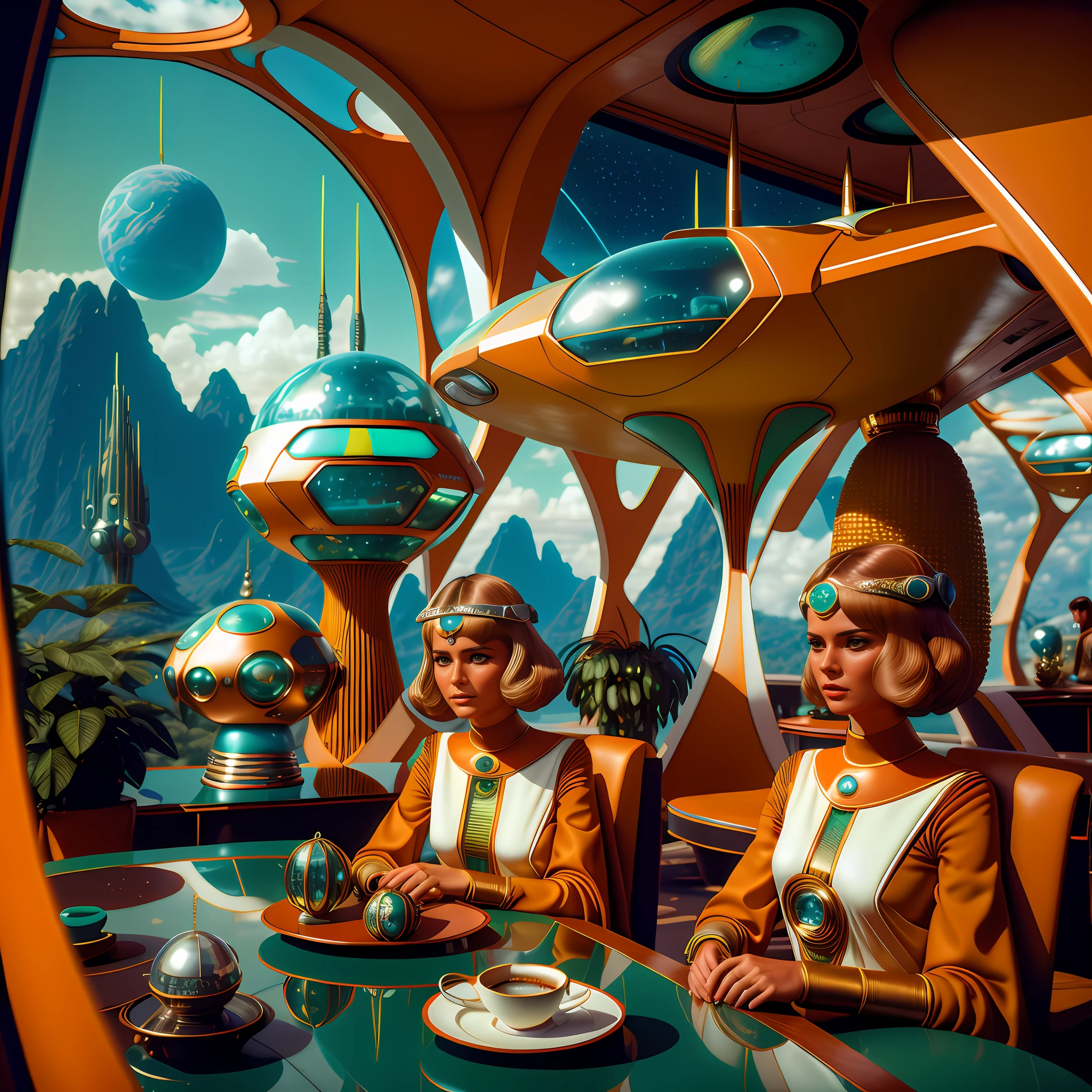 4k image from a 1970s science fiction film, pastels colors, Family wearing retro-futuristic fashion clothes and futuristic technological ornaments and devices in an old café, Luz Natural, cinemactic, Psicodelia, retro-futurista, photo-realistic, olhos perfeitos, perfect hands, cabelo perfeito, ricos detalhes do rosto, hiper detalhado, hyper realistic, textura real da pele, texturas de tecido real, Sharp background details, sharp render.