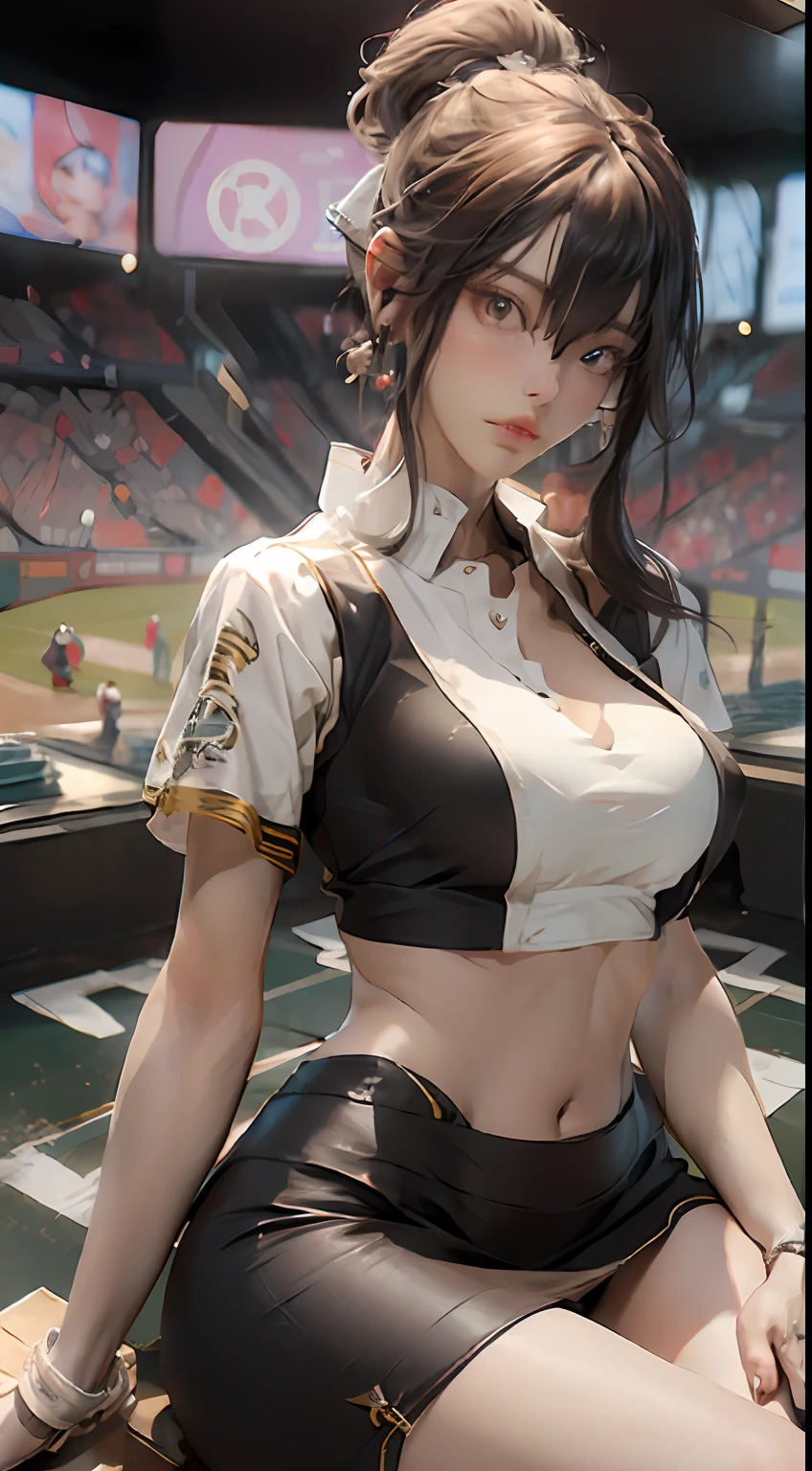 inside a baseball stadium watching baseball match, sitting and watch baseball, black color pants, white color top, head and full body, Extremely cute human  girl, bare legs, very beautiful and feminine, short, petite, beautiful breast, small, busty buttocks, large bust, large breast, bare legs, bare legs, cleavage display, split skirt, flat belly display, detailed eyes, detailed nose, super detailed on face, partial accessory with earring on the ear, very stylish, award-winning product design, tights, split skirt, bare legs, Shiny breast top opens at the cleavage and abdomen, stylish, glowing trims, atmospheric perspective, 8k, super detail, Accurate, best quality,