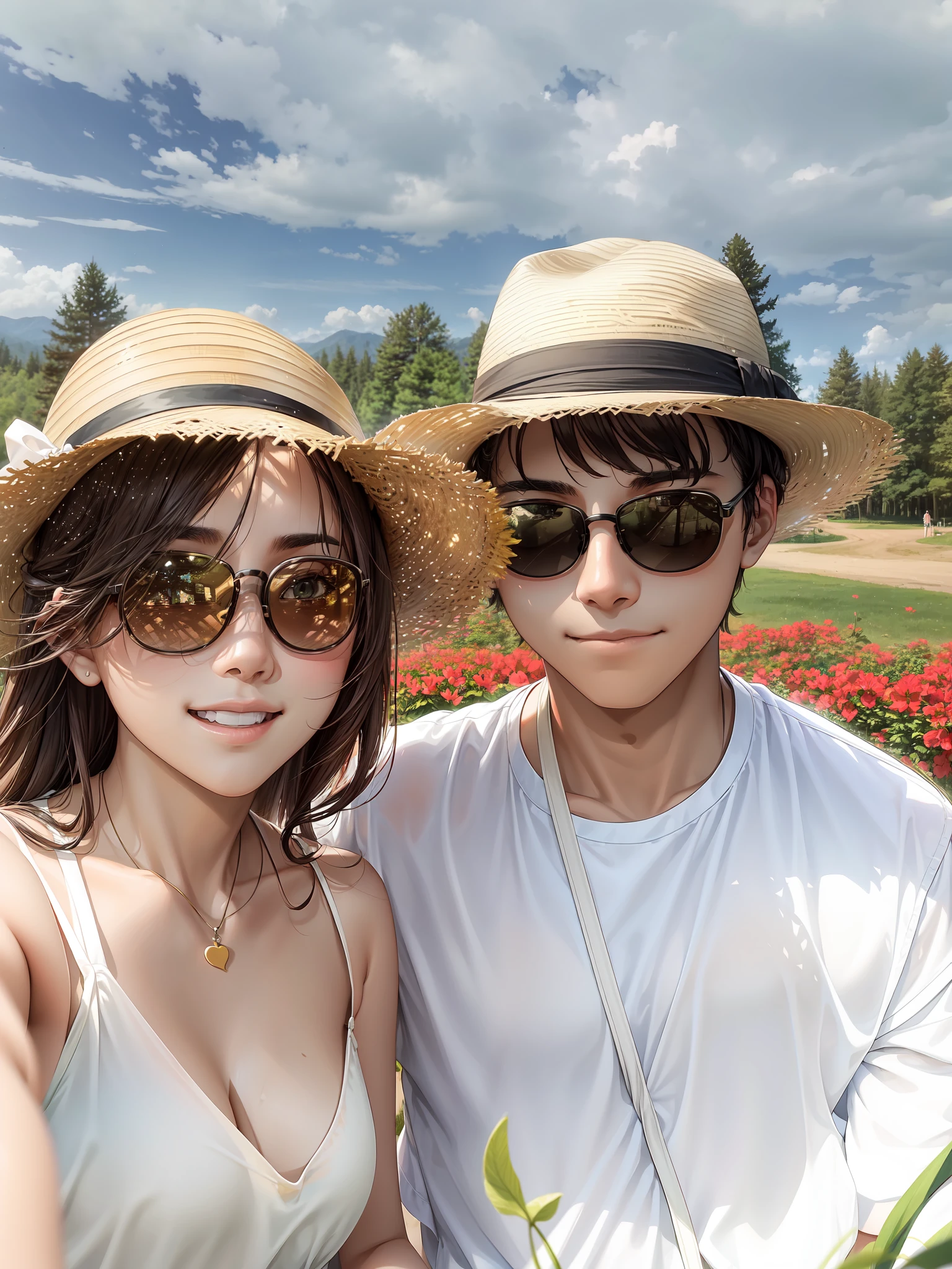 A young couple are posing for a picture in a field with trees wearing dark sunglasses, the girl has long wavy brown hair and wearing a white sleeveless halter dress, the boy has black short hair wearing a grey hat and white t-shirt, both are wearing a sun hat, in front of a forest background, vacation photo, lovely couple, 8k selfie photograph, park in background, photo taken with canon 5d, couple, taken with sony alpha 9, a picture, trees in the background