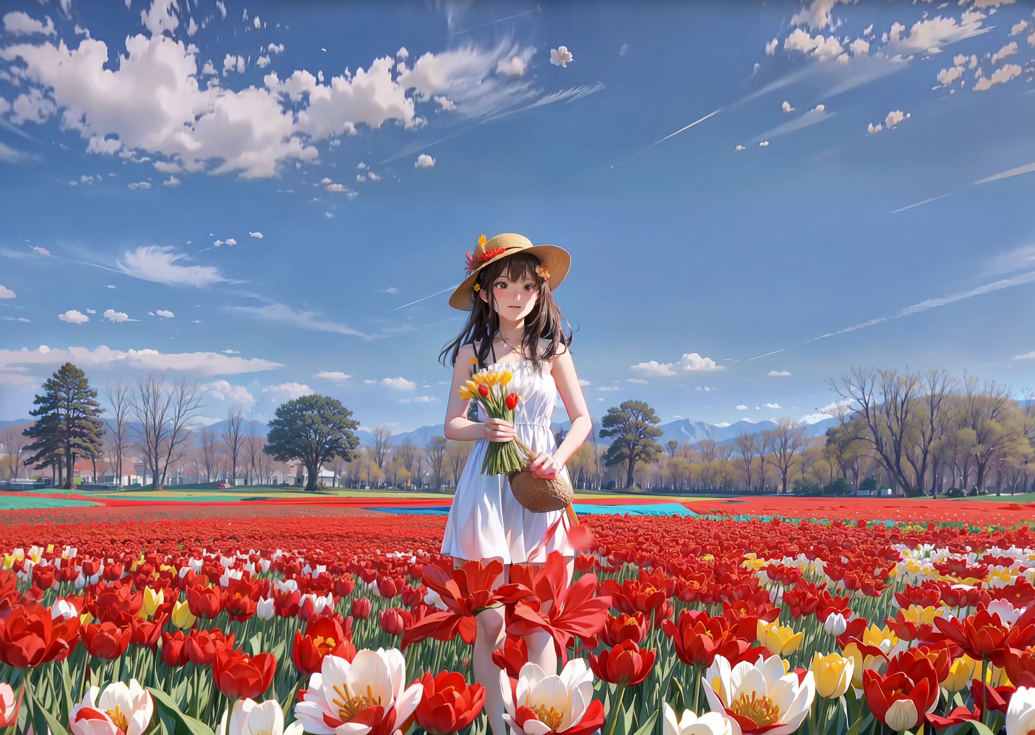 a pretty chinese woman in a field of tulips with a sun hat and sunglasses, wearing a white sleeveless halter dress, tall and slim, dark wavy hair, standing in tulips field, standing in a flower field, woman standing in flower field, standing in a field with flowers, flower fields, girl standing in a flower field, girl in a flower field, in a field of flowers, girl standing in flower field, in a field with flowers