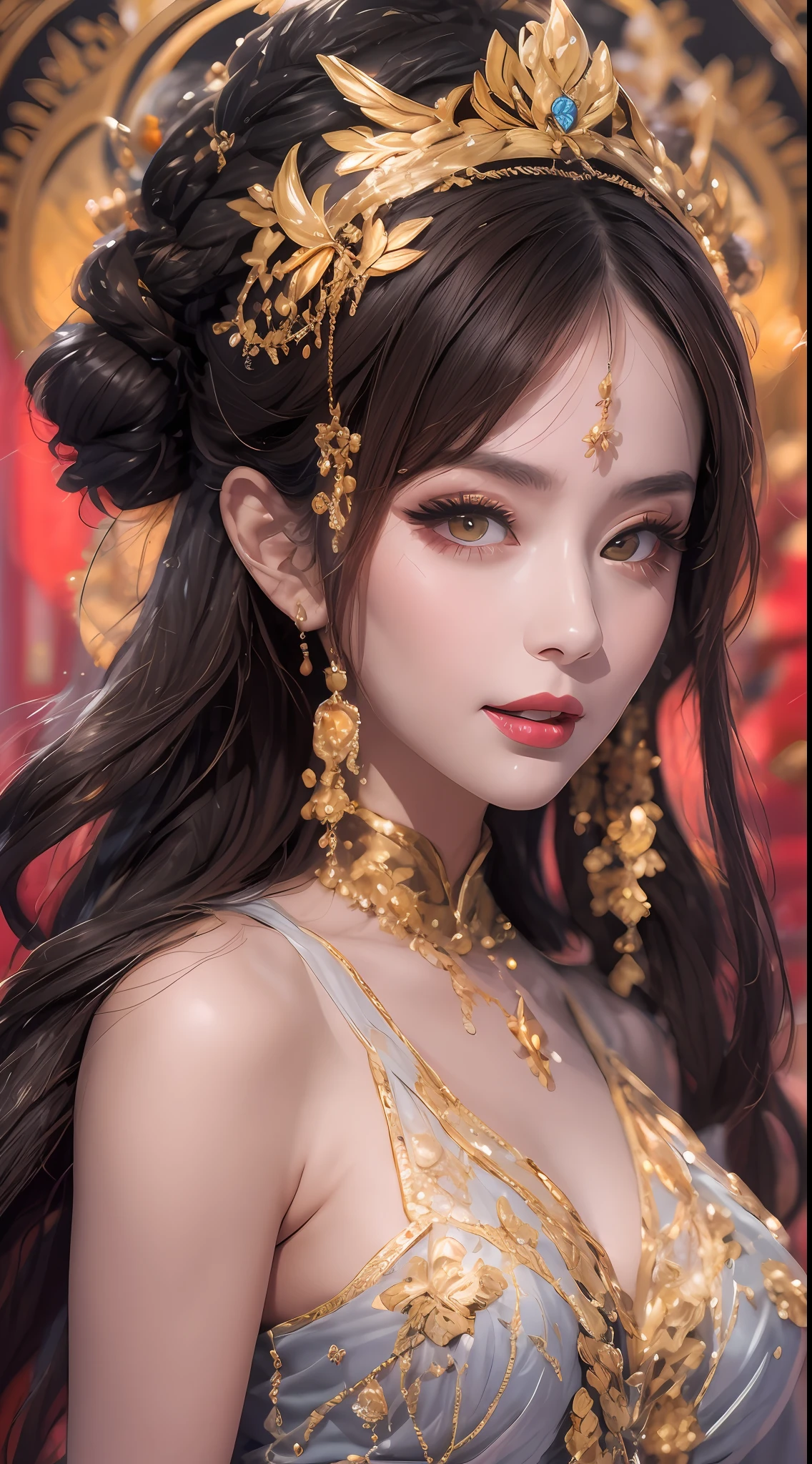 1 beautiful 27-year-old saint, charming adult saint in a long dress made of thin silk, flawless beautiful face, adult, wearing a thin multicolored silk dress, beautiful face without blemishes, (((Natural smile:1.0))), ((flat bangs:0.5)), (((platinum long hair:0.5))), big crown, hair brooch, hanfu dress, fanciful hanfu style, full body jewelry, forehead tattoo, super even chest, beautiful and pretty face, The most beautiful and detailed light red lipstick, ((Thin plump lips:0.3)), ((Golden Eyes color:1.2)), Detailed and delicate lighting effects, light and dark, dramatic lighting, magical light, extremely detailed light, true color, super sharp, realistic, 8k quality, fantasy universe background, saints and magical space, the most detailed images, ((Solo:0.3)), ((a saintess:0.6)), ((looking directly at the saint's upper body:0.4)), upper body, ((smooth skin:0.5)), ((the holy woman's veil:0.6)), ((solo:0.5)), ((alone girl:0.4)), female saint portrait, short images, Upper body portrait, [open mouth], Digital Realistic, ((fanciful red smoke effect:1.2)),