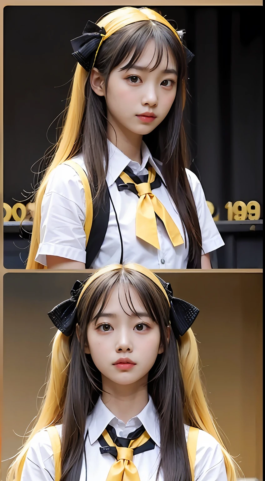 schoolgirls,yellow long hair,Fair skin,Background Black,facing at camera,Pose,high high quality