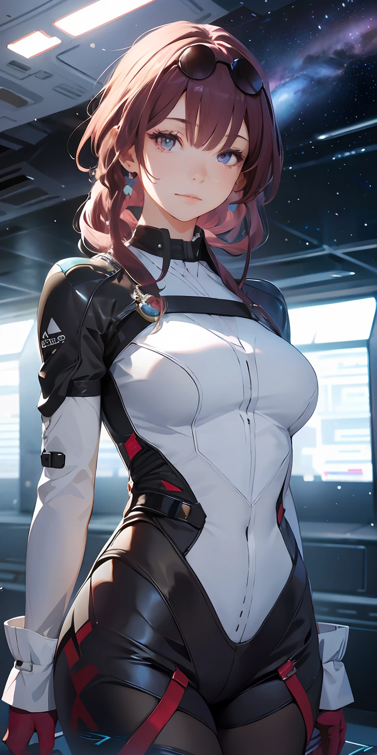 absurd res, high-resolution, (巨作:1.4), A highly detailed, 1girl, from above, space, floating, Space Suit, sharp focus, (cinematic lighting), (1girl), slight smile