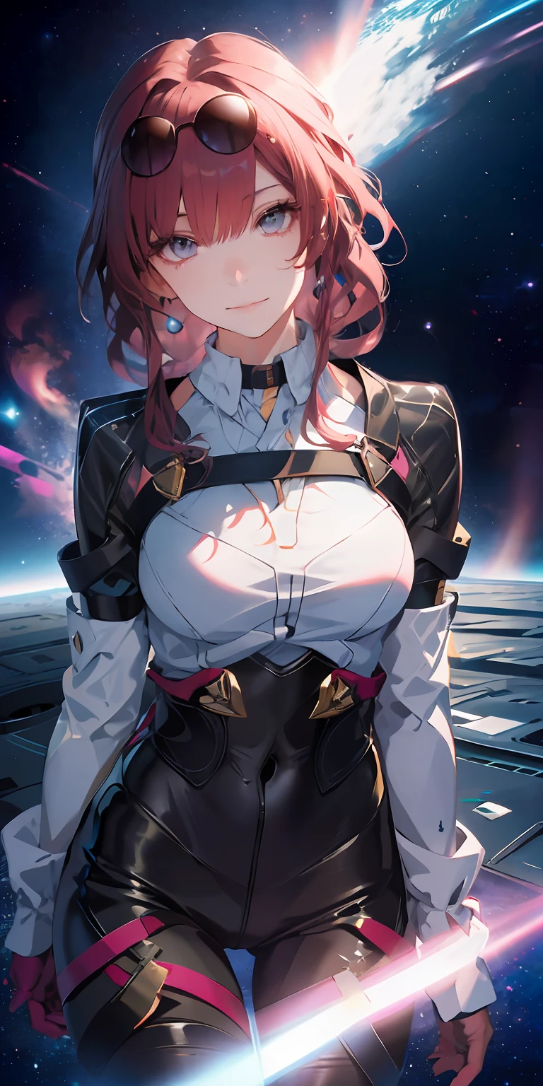 absurd res, high-resolution, (巨作:1.4), A highly detailed, 1girl, from above, space, floating, Space Suit, sharp focus, (cinematic lighting), (1girl), slight smile