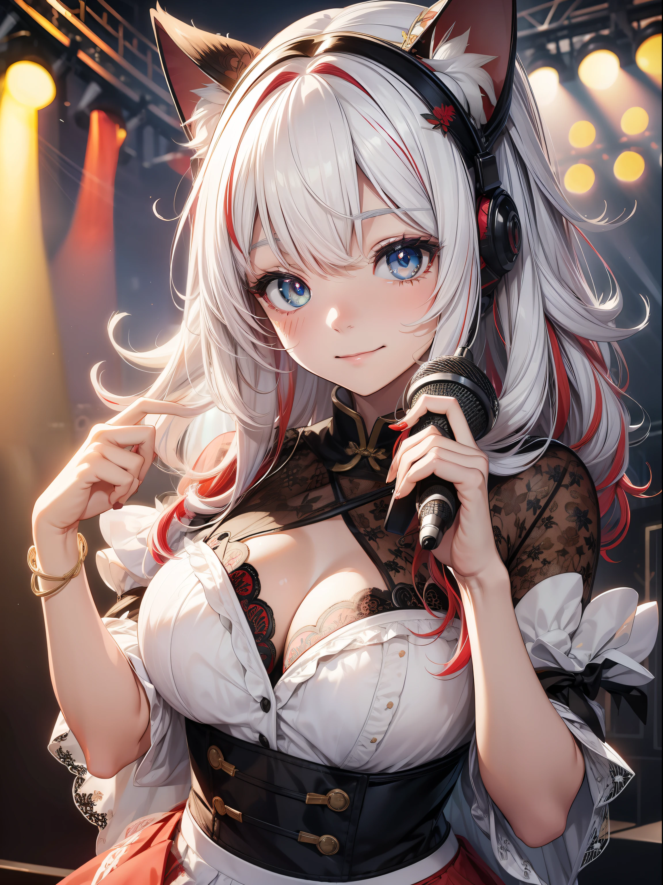 absurderes、ultra-detailliert、masterpiece、top-quality、BREAK、Official art、(Beautifully Aesthetic:1.2)、(watercolor paiting:Curly)、BREAK、Devilish Pretty Girl 1.2、a beauty girl、(kawaii:⒈3)、sixteen years old、BREAK、((Red and white hair color:1.4))、BREAK、striated hair、((Random hairstyle:1.2))、(Splash)、(フラクタルアート1.3)、BREAK、Cat's ears、A sexy、(Ultra-detailed hands and fingers:1.2)、BREAK、(Carefully written hands and fingers)、((Chinese ruffled skirt and open chest((colourfull))Nazaki:1.2))BREAK、((heterochromia iridis、BREAK、Variegated eyes))、BREAK、Since a while ago:1.2、randome pose、BREAK、stick out buttocks、shyly smile、red blush、Happy smiling face、BREAK、Look at viewers、((Cute with super complex embroidery pattern((blanche))lace string panties:1.2))、BREAK、((AI Concert:1.4))、BREAK、livestream、BREAK、Lighting with neon glow on background、BREAK、(Get a professional AI stage background:1.2)、BREAK、profetional lighting、BREAK、Singing with microphone in hand、((Panchira:1.2)) Skirt Lift Up:1.2、Fan Service
