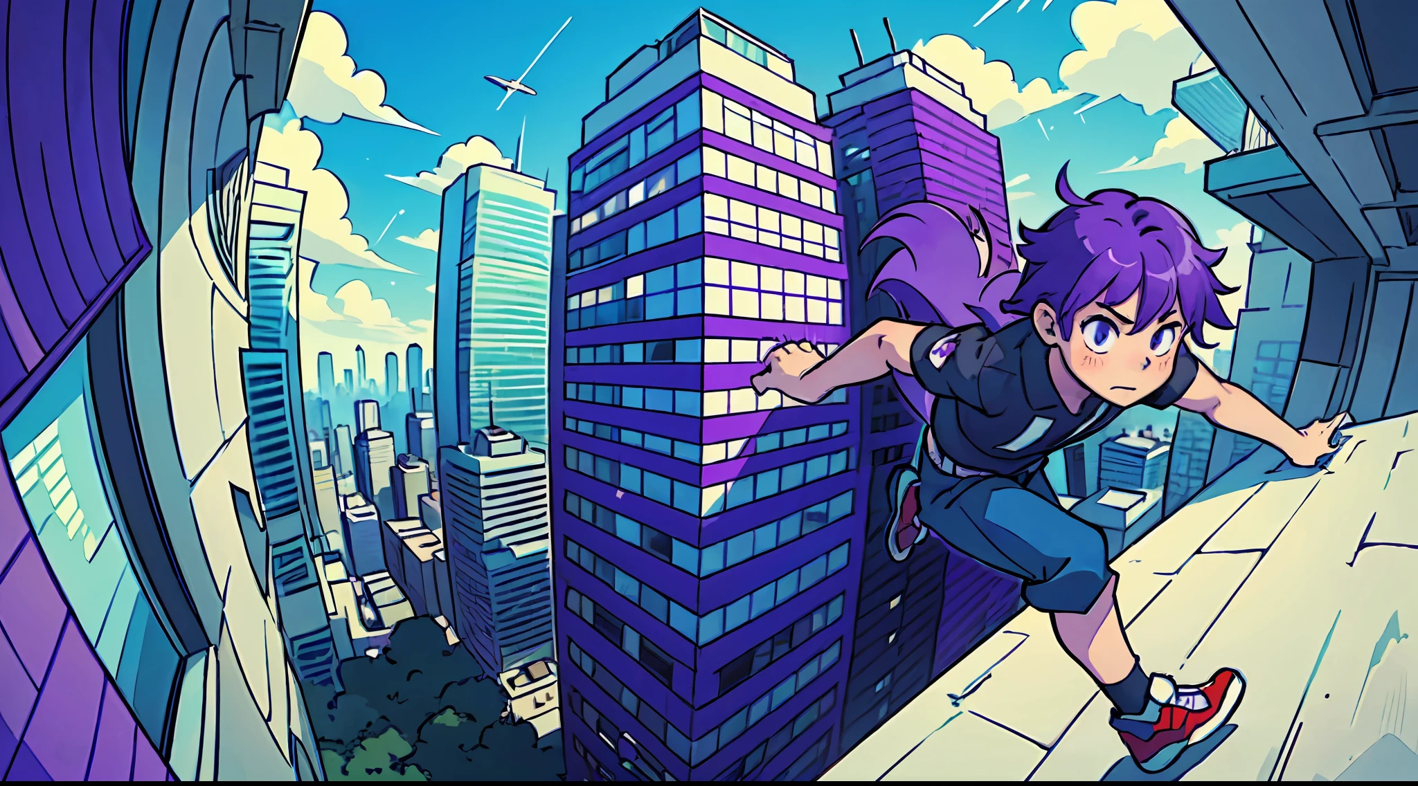 top-quality、(Boy with purple hair)、Galloping through the walls of skyscrapers、Parkour、weightless、Dynamic composition with perspective