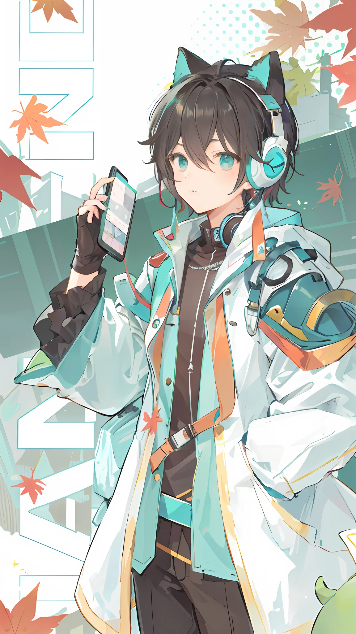 A handsome ager,With turquoise mechanical cat ear headphones,Mobile phone in hand,Behind it is the magazine cover,greene eyes,Maple leaves,Elaborate Eyes