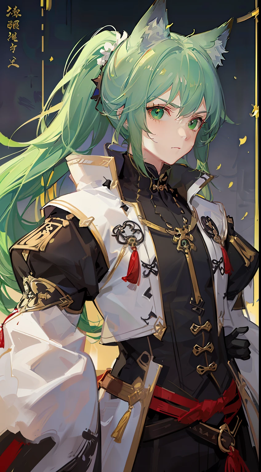 Tall guy, long green hair,high ponytail, Green eyes, wolf ears, Hanfu, a sword, A serious look, Masterpiece, hiquality