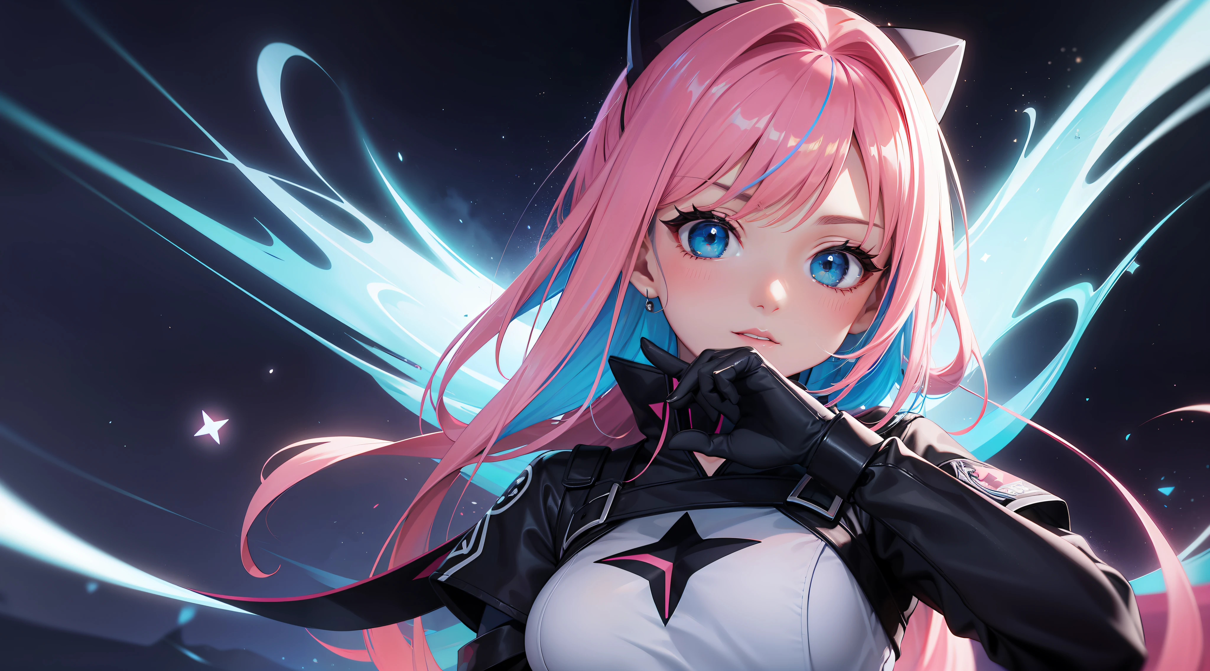 Mulher ninja com fone de ouvido sentido paz, olhos brilhantes com estrela, rosto bonito, cores RGB, cabelo rosa brilhante, colorido anime, fundo brilhante, Banner for youtube video, menina feliz, nuvens com cores RGB, cores RGB brilhantes, completo, ser celestial, garota gamer.