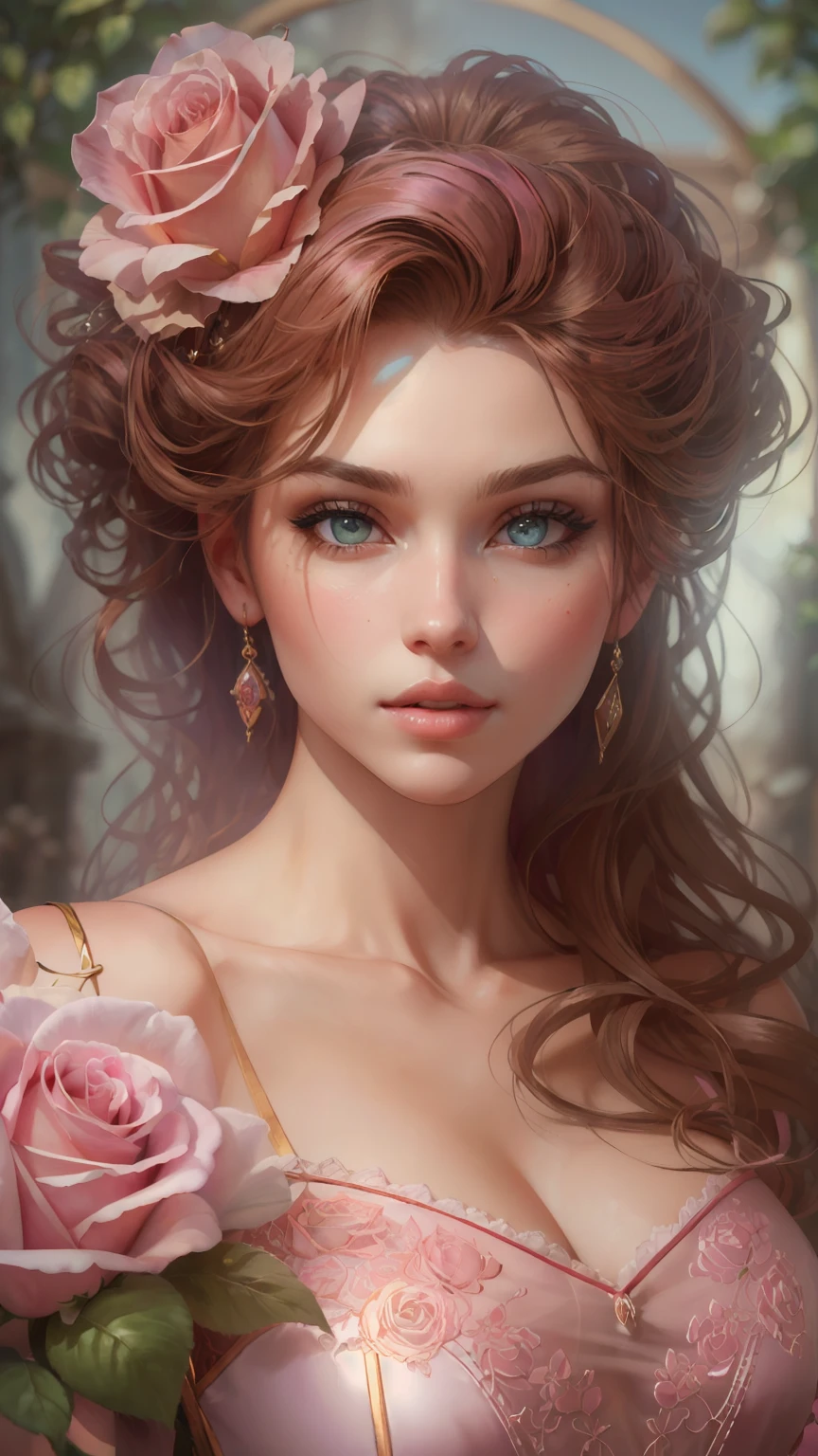 This is realistic fantasy artwork set in the castle's enchanted rose garden. Generate a proud woman with a highly detailed face dressed in the billowing folds of a stunning French silk ballgown. The woman's sweet face is ((((highly detailed, with realistic features and soft, puffy lips.))))  The ballgown is embellished with ruffles, sashes, and bows and a delicately, but intricately, hand-embroidered bodice. The corset features silk ribbon. The woman's stunning eyes are beautifully detailed, featuring realistic shading and multiple colors and high resolution. The woman is in a garden of eternal roses, each one beautifully formed and highly detailed. These realistic roses feature shimmering shades of pink, yellow, orange, and glimmering red. The eternal rose is a deep shade of red with shimmering pink overtones and undertones. Ensure that the woman's face, hair, and eyes are perfect. realism, high fantasy, whimsical fantasy, storybook fantasy, fairytale fantasy, fantasy details, enchanting, bewitching, 8k, hires, cgi, digital painting, unity, unreal engine, (((masterpiece))), intricate, elegant, highly detailed, majestic, digital photography, art by artgerm and ruan jia and greg rutkowski, (masterpiece, finely detailed beautiful eyes: 1.2), hdr, realistic skin texture, (((1woman))), (((solo))), Include a highly detailed face, extremely detailed face, and interesting background.