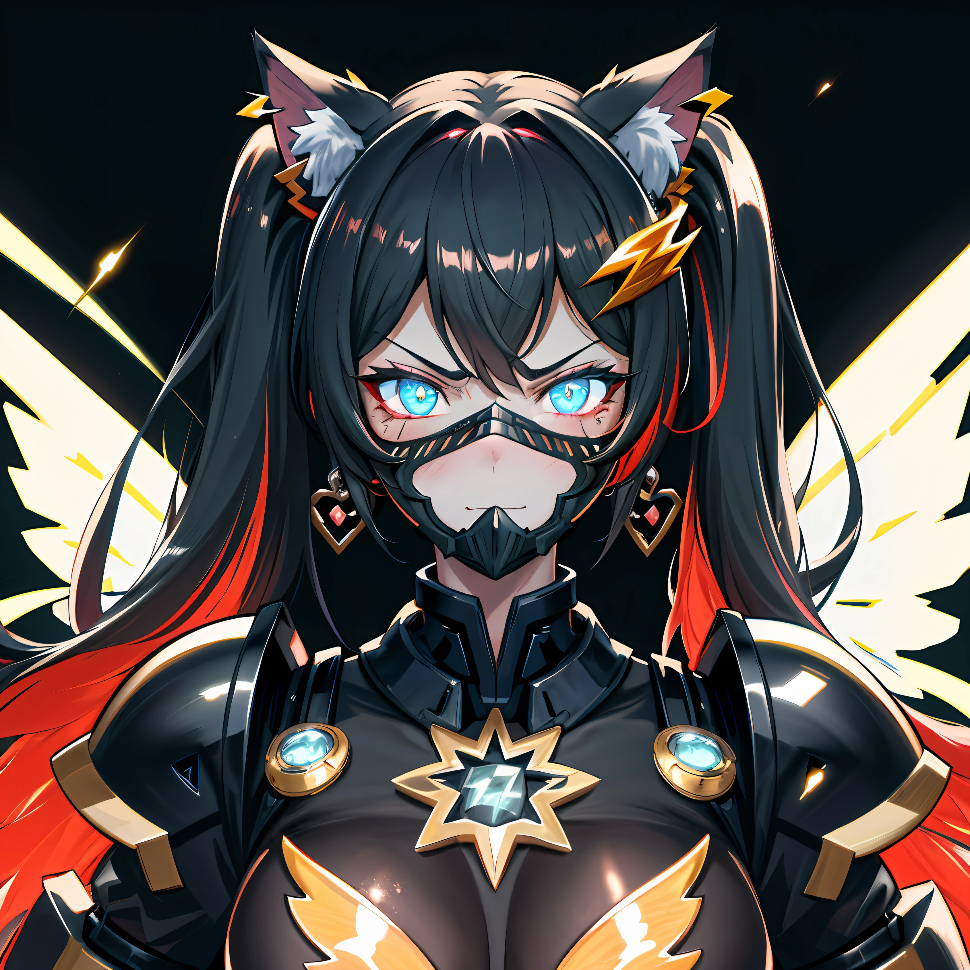 Masterpiece Anime Robot beutiful diamond skin golem cat girl magic, aesthetic_eyes, detailed eyes, demon horn, mask, wings, glowing, random twintail fantasy hair, multicolored hair, body detailed, random very angry face, detailed face, Saenyo Ancalagon Anthropomorphic majestic Guardian | Portrait | finely detailed Obsidian and Lava armor | cinematic lighting | intricate filigree metal design | 8k | unreal engine | octane render | aesthetic_eyes, detailed eyes, body detailed, ahegao, detailed face, highly detailed, fantasy background, blush, cat_ears_earrings hair_ornament highres jewelry triple_earring, detailed all, solo, fightning stance, magic circle, electrification, lightning effect, ray tracing, detailed all, show your ability A.I, 4K Ultra HD. add face mask, add fullface mask, mouth and nose covered by mask, glowing eyes particle glowing, 4K Wallpaper, robot female,