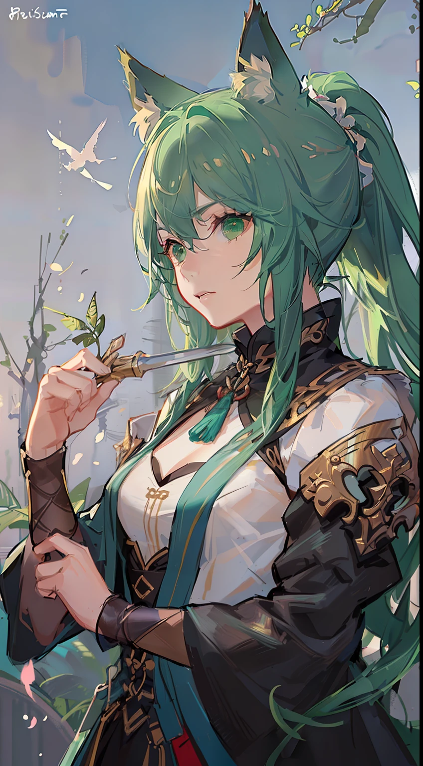 Tall guy, long green hair,high ponytail, Green eyes, wolf ears, Hanfu, a sword, A serious look, Masterpiece, hiquality