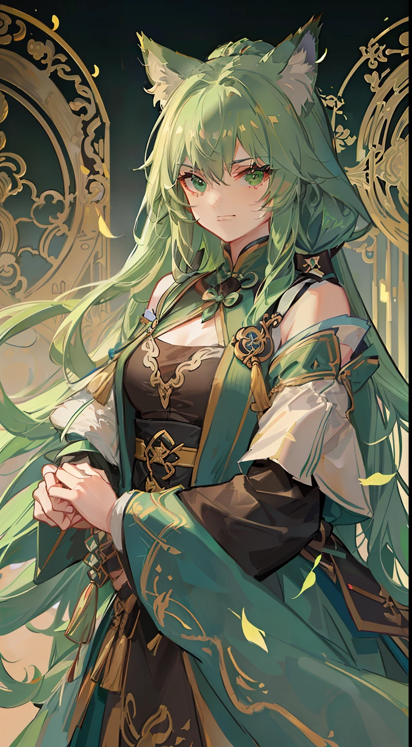 Tall guy, long green hair,high ponytail, Green eyes, wolf ears, Hanfu, a sword, A serious look, Masterpiece, hiquality