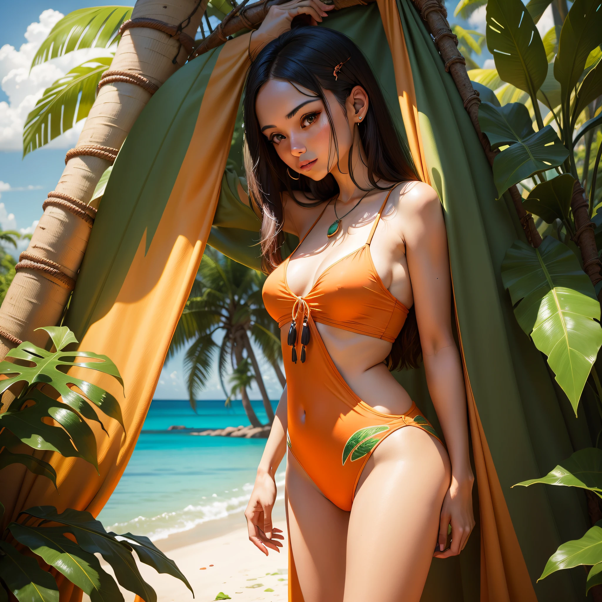 Escape to a tropical paradise with a woman dressed in papaya-colored clothes, Surrounded by lush papaya and exotic flora. This retreat captures the beauty and warmth of the tropical essence of papaya.