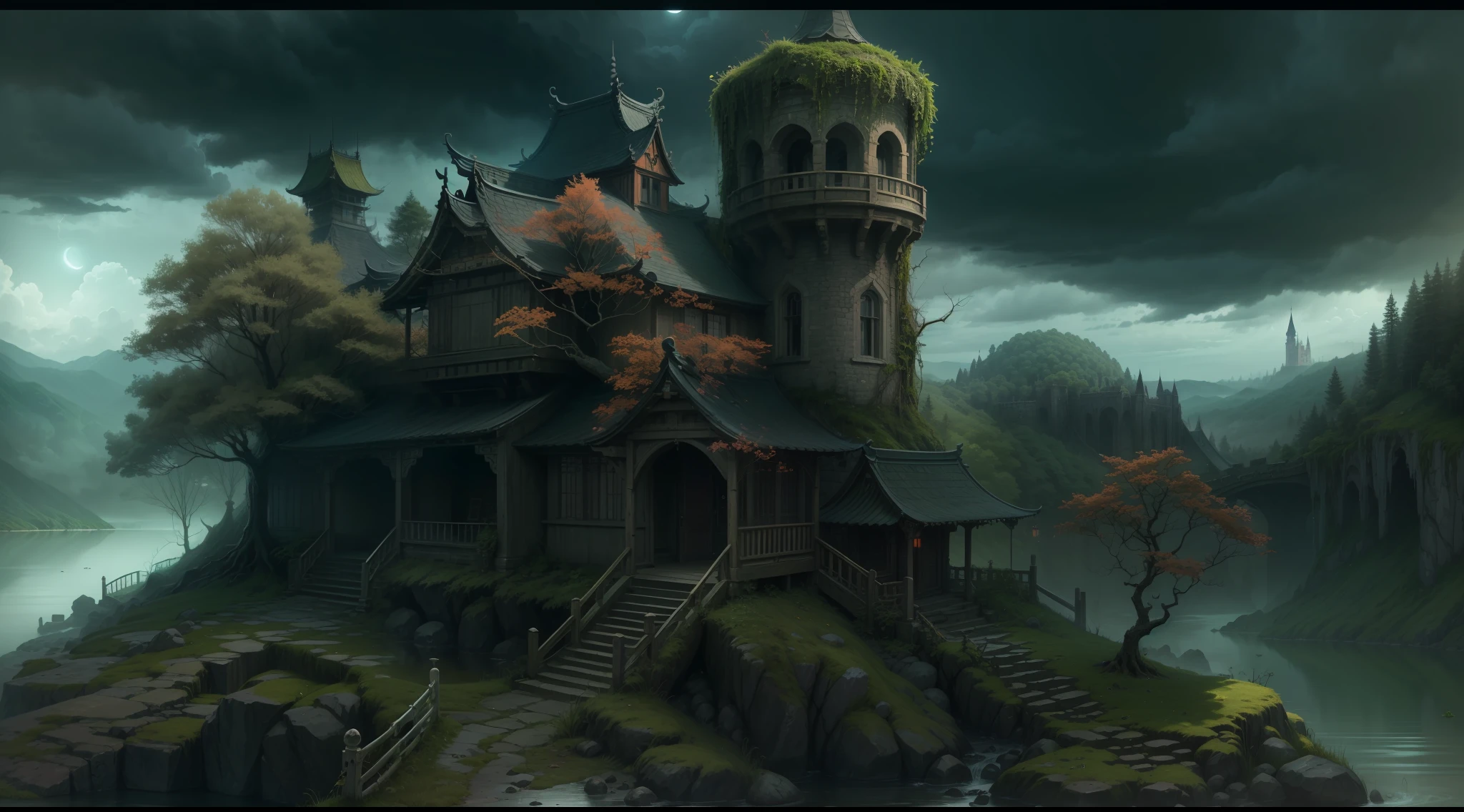 The Dark Castle is nestled in a dark forest，It is surrounded by towering trees，Towering trees stretch towards the heavens，Dense foliage blocks the sun，This dim forest，It's scary。The trunk of the ancient tree is covered with thick moss，Strings of vines hang from branches，From time to time, Snakes and other unknown creatures will pass through it。

The shape of the dark castle is quite medieval Gothic，The spire soars into the clouds，The walls are thick，After years of weathering and erosion，It appears as black gray。The walls of the castle are covered with moss and vines，This makes the whole castle appear more gloomy and mysterious。The entrance to the castle is a tall arch，The iron fence in front of the door rusted，The stone steps in front of the door are covered with moss，Looks shabby。

The castle is surrounded by a lake，The color of the lake is dark green，It's weird。At night，Moonlight shines through dark clouds on the lake，Flashing with an eerie light，It's even creepy。The castle is surrounded by bushes and dense thorns，Make inaccessible，It is as if guarding the secrets of the castle