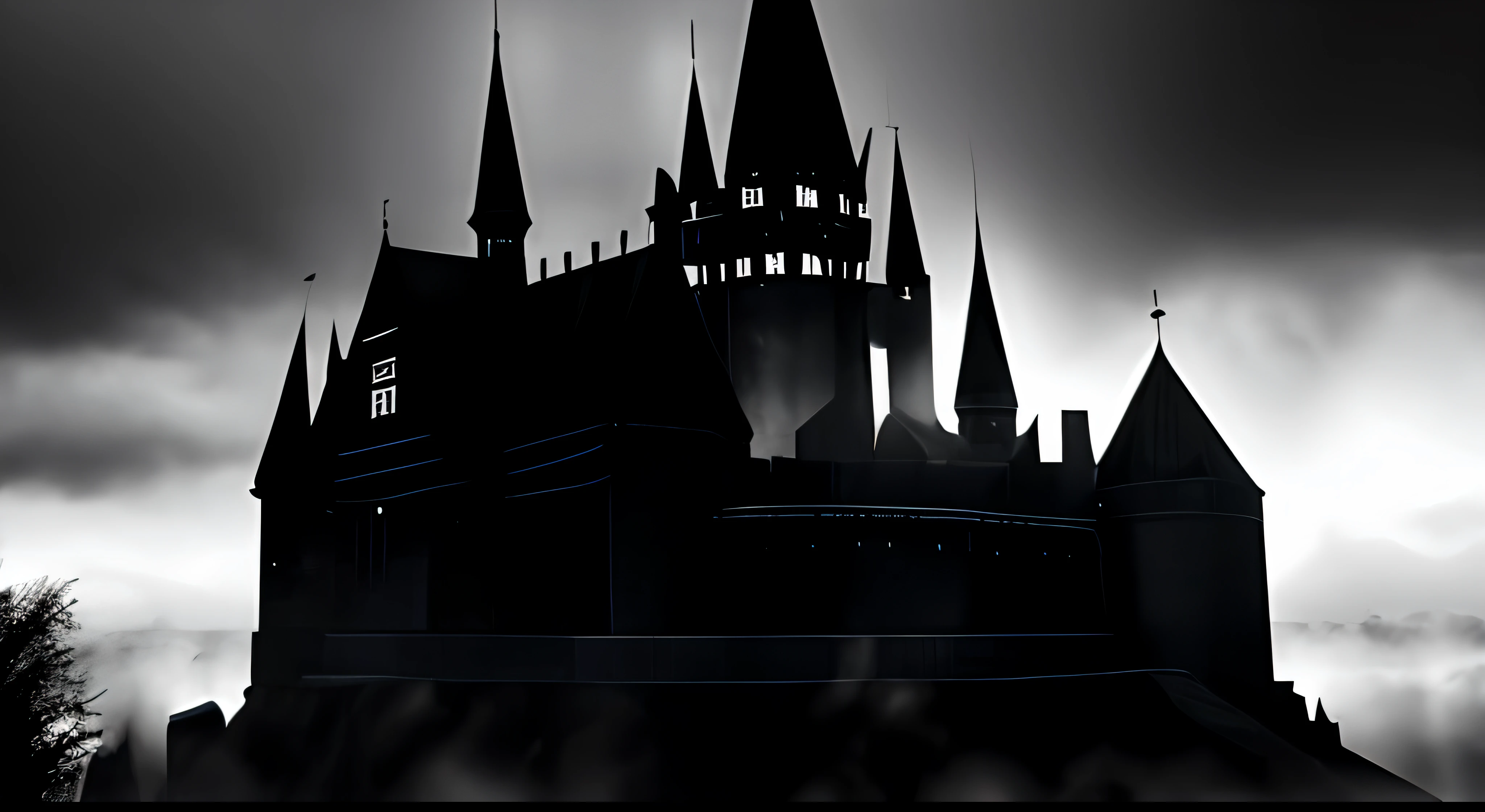 black gothic castle, monochrome, black and white, Film noir screen cap, 8k, trending on artstation, ultra wide angle, heavy fog, low light