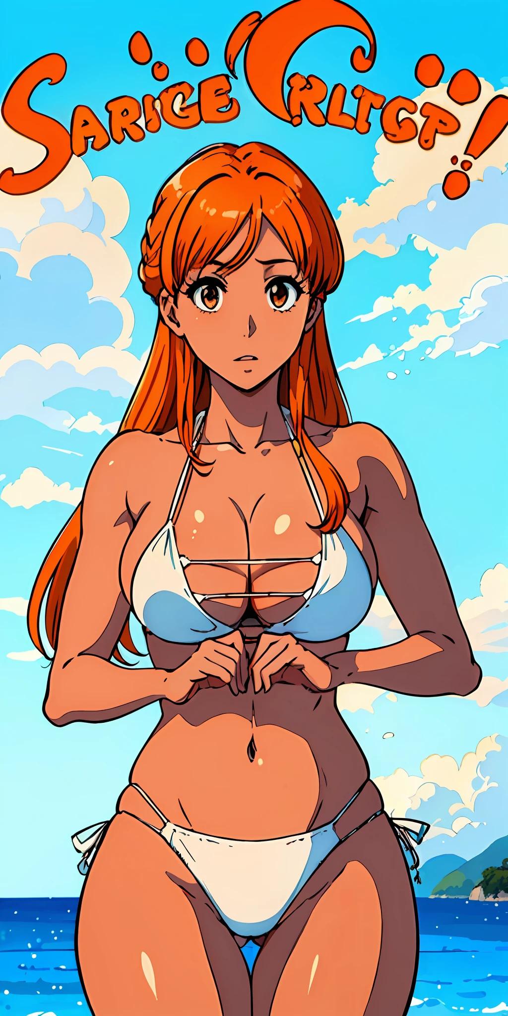 (((top-quality、​masterpiece)))、1girl in、A stunning、((Orange hair))、(Longhaire)、barechested、A sexy、White Bikini Swimsuit、(((Brown skin tone)))、sun burn、(((Colossal tits)))、large full breasts、Sheer areol、White bikini visible、Show your bikini、I can see my chest a little