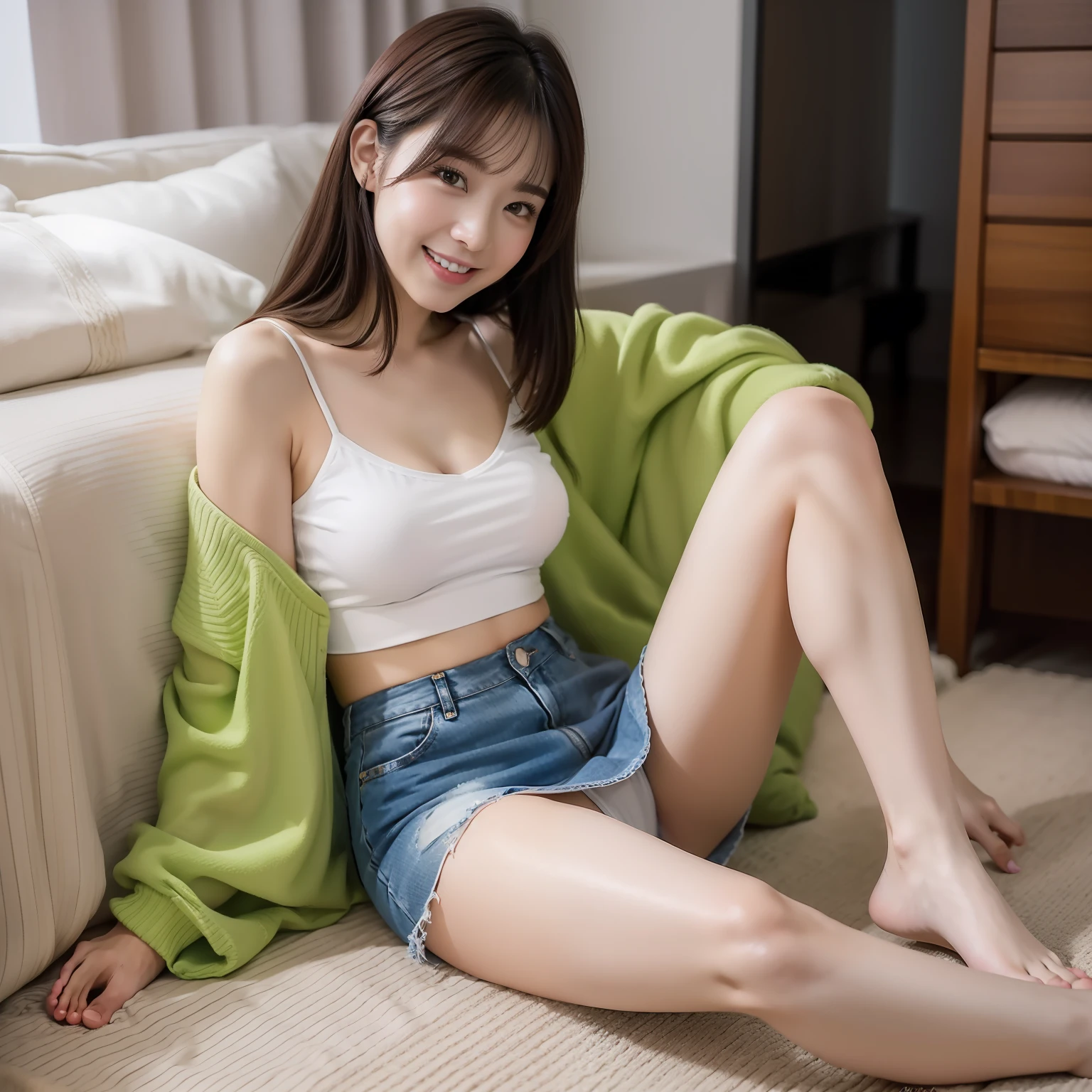 tmasterpiece，best qualtiy：1.3），（full bodyesbian：1.3）extremly high detail，复杂，8K，hdr，cinmatic lighting，Bedrooms（（Eye makeup））（（（legs wide spread to show panty）））（（（（long  skirt：1.5）））），（（slippers））（（（Happy expression： 1.3）），（Larger chest）， Twinkle， （20yr old）， （（Slimmer figure： 1.5））， （（（camisole： 1.5））））， （（Nice hairstyle： 1.5）））），（（（（ankle）））），（（（（Toes）））