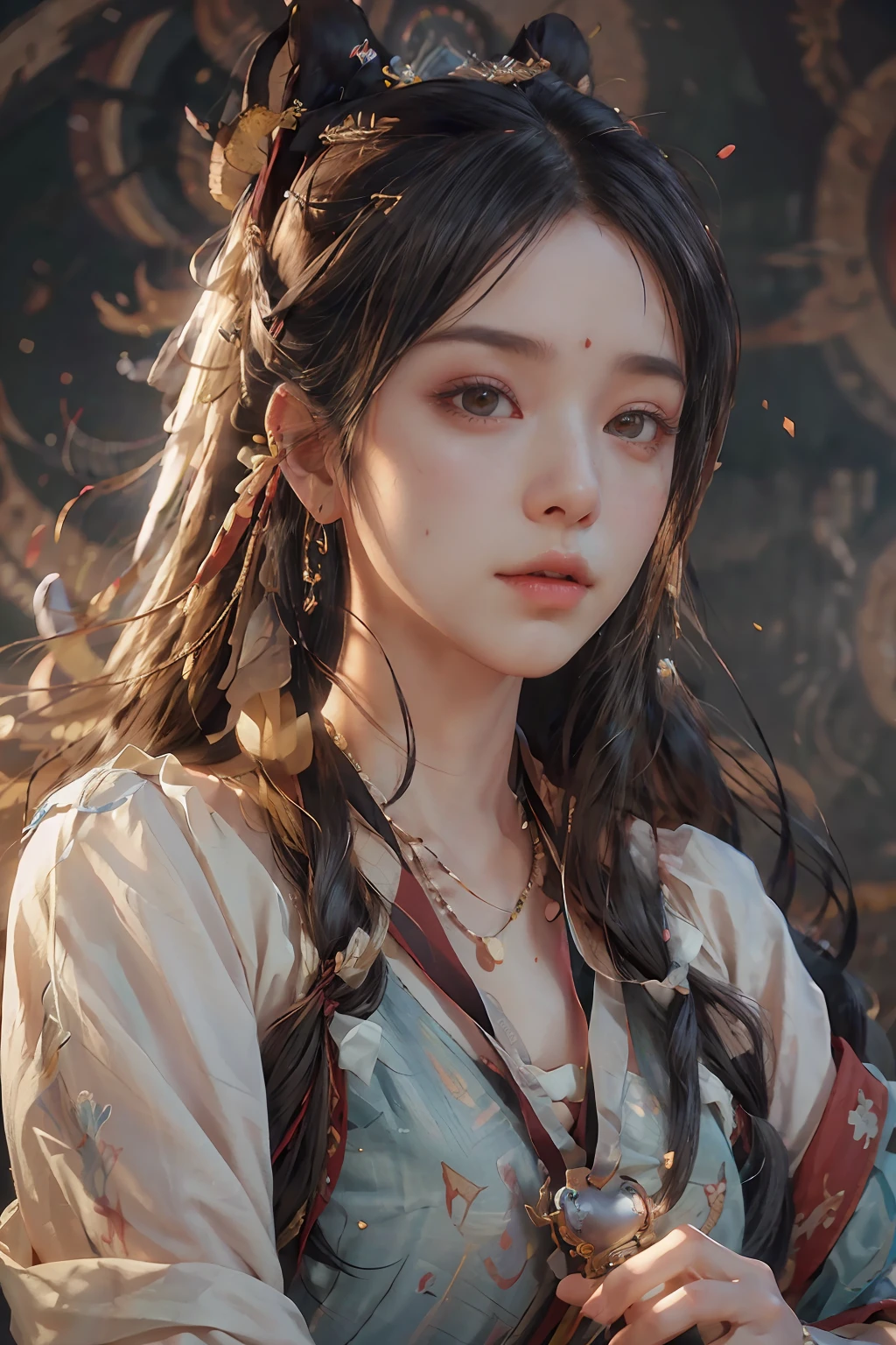(RAW photo, best quality), (realistic, photo-realistic:1.3),best quality,highly detailed,masterpiece,ultra-detailed,illustration,1girl,upper_body,dynamic angle,world masterpiece theater,messy_long_hair,best quality,extremely detailed CG unity 8k wallpaper,ink,Amazing,cinematic lighting,lens_flare, dunhuang_style