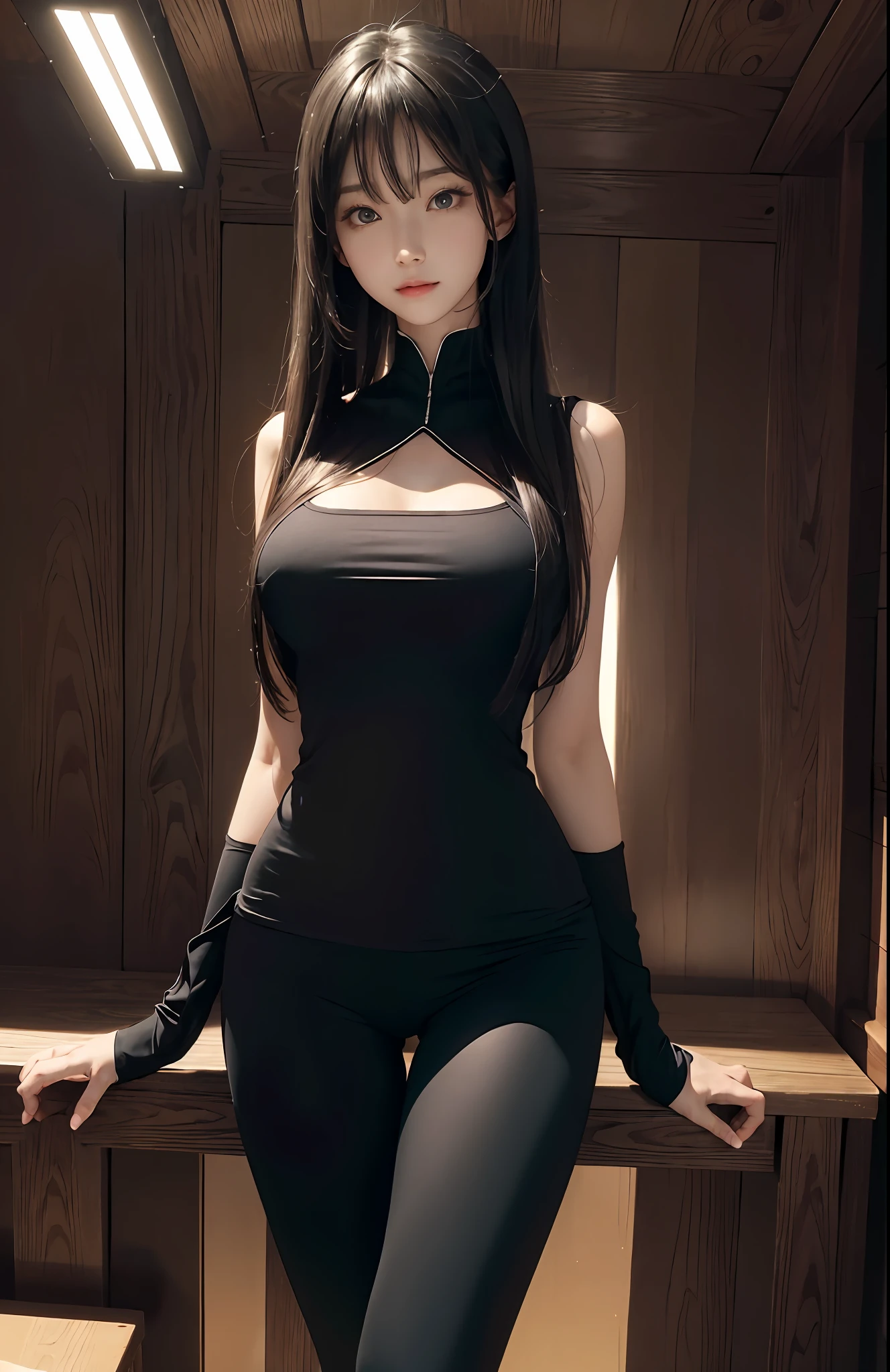 (Hyper-realistic) , (illustratio), (Increase the resolution), (8K), (extremely detaile), (Most Best Illustration), (美丽细致的眼睛), (best qualtiy), (ultra - detailed), (tmasterpiece), ( wallpaper), (详细的脸), 独奏,1个Giant Breast Girl, looking at viewert, exquisite detailing, 详细的脸, in the darkness nigth, deep shading, low tune,pureerosfaceace_v1, ssmile,long whitr hair，Black shawl straight hair，46 points oblique bangs，Tight clothing leggings，full bodyesbian，Hands touch thighs，Tight muscles，