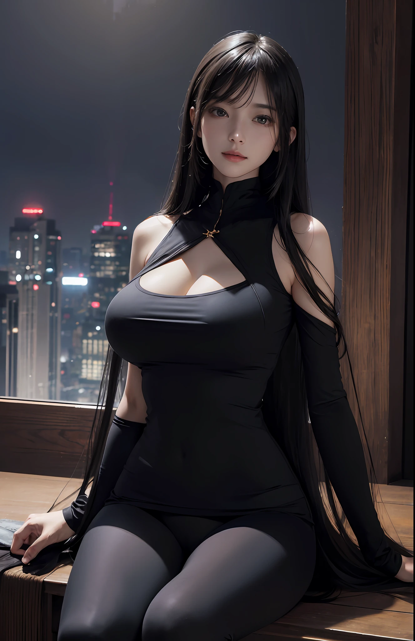 (Hyper-realistic) , (illustratio), (Increase the resolution), (8K), (extremely detaile), (Most Best Illustration), (美丽细致的眼睛), (best qualtiy), (ultra - detailed), (tmasterpiece), ( wallpaper), (详细的脸), 独奏,1个Giant Breast Girl, looking at viewert, exquisite detailing, 详细的脸, in the darkness nigth, deep shading, low tune,pureerosfaceace_v1, ssmile,long whitr hair,Black shawl straight hair,46 points oblique bangs,Tight clothing leggings,full bodyesbian,Hands touch thighs,Tight muscles,