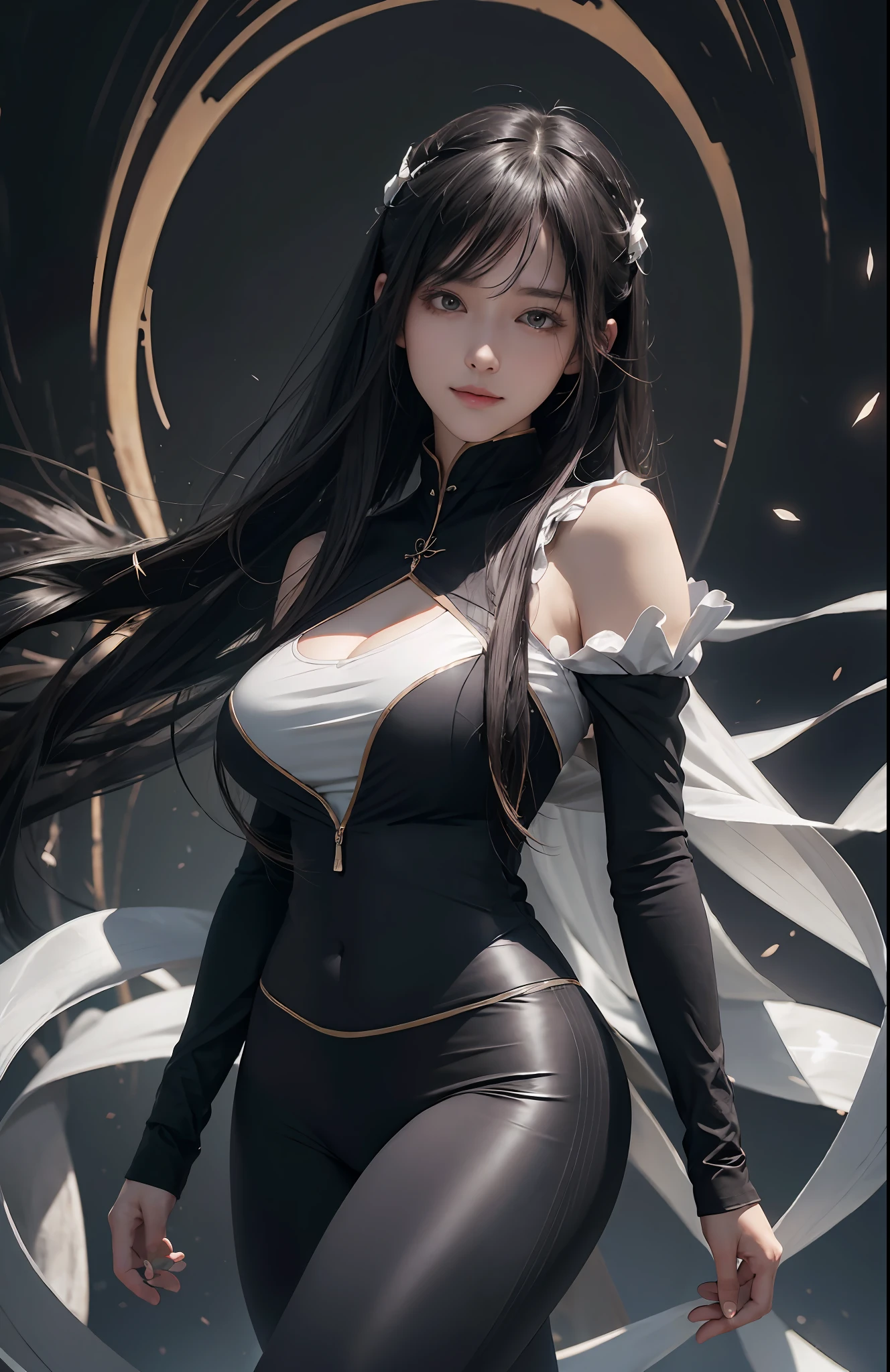 (Hyper-realistic) , (illustratio), (Increase the resolution), (8K), (extremely detaile), (Most Best Illustration), (美丽细致的眼睛), (best qualtiy), (ultra - detailed), (tmasterpiece), ( wallpaper), (详细的脸), 独奏,1个Giant Breast Girl, looking at viewert, exquisite detailing, 详细的脸, in the darkness nigth, deep shading, low tune,pureerosfaceace_v1, ssmile,long whitr hair,Black shawl straight hair,46 points oblique bangs,Tight clothing leggings,full bodyesbian,Hands touch thighs,Tight muscles,