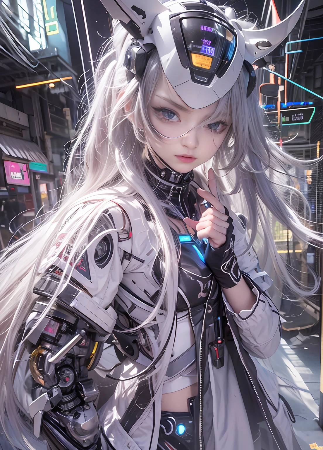 top-quality、tmasterpiece、超A high resolution、(Photorealsitic:1.4)、RAW photo、Solo,(Perfect body proportion),The upper part of the body,upper legs,Robot Angel、Large wing made of metal、(White porcelain body)、whaite hair、glowy skin、(1 Cyborg Girl)、((Super realistic details))、porate、globalillumination、black shadows、octan render、8K、ultrasharp、Character edge light,Colossal tits、Raw skin is exposed in cleavage、Details of complex ornaments、Sumerian detail hydraulic cylinder、small led lights、highly intricate detail、Realistic light、a purple eye、Radiant eyes、Facing the camera、neon light detail、cow boy shot、Futuristic headgear、Floor plan about the《cyber punk perssonage》