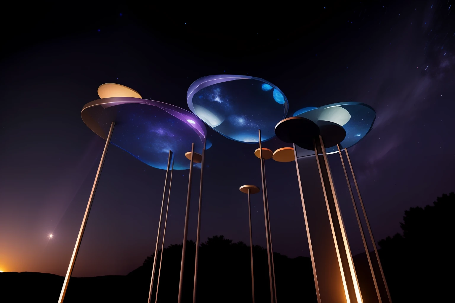 multiple stones connected to the ground by grey columns in the sunset starry night. and there are light screen displaying colorful starry sky and shinny stars on the round surface of these stones