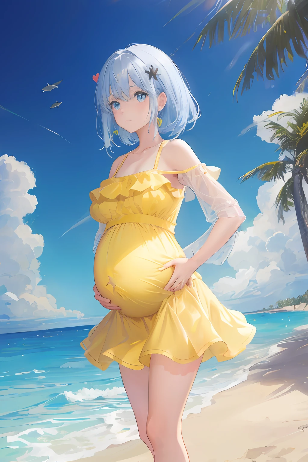 art by Cornflower, dreamy, (a beautiful -agedl,anime-style girl,eBlue eyes,cabelos preto e longos,Dressed in light yellow,shiny,longer sleeves,open chest,Long skirt swimsuit,Pink big breasts,white colors,and yellow,The heart poses above,both hands on hip,In front of the beach and bright blue sky,There are clouds above,There are palm trees in the background on both sides of the picture,There are also a lot of blue and yellow fish swimming around in the sea,There was also a lighted police helicopter flying over the girl's head)Pregnant belly, maternity attire for pregnant women,maternity dress,pregnant belly,Pregnant belly