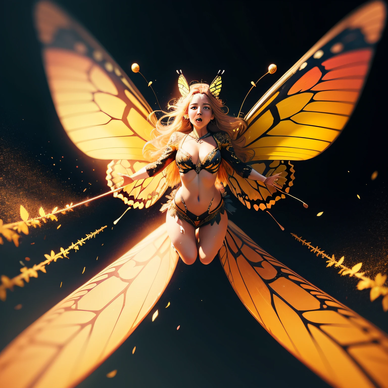 A large colorful butterfly flying in the air, gold dust falling from the wings texture 8K, good detail, cinematic footage, film tone, -neg, distorted face, blurry image.
