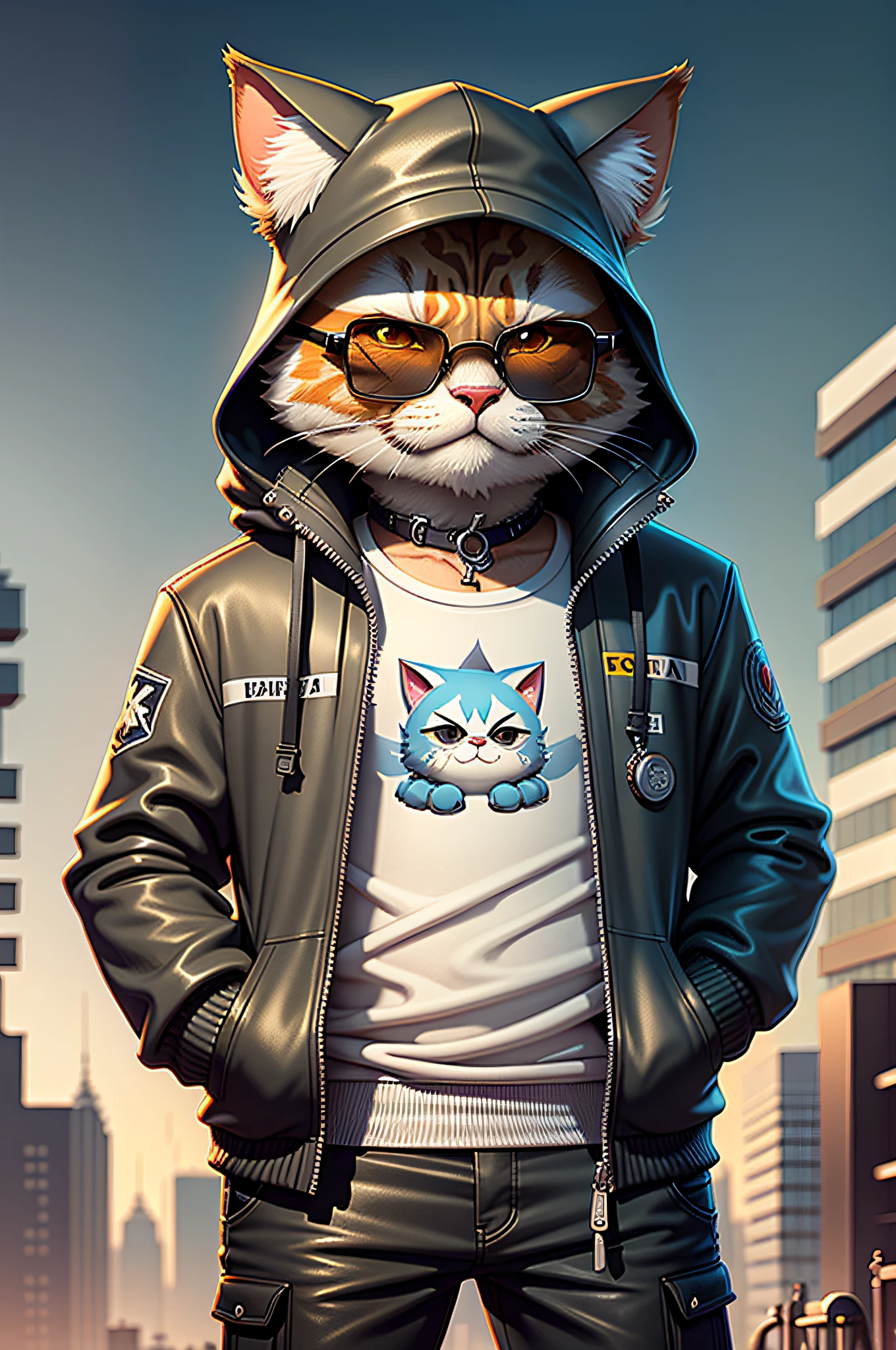 c4tt4stic,A cartoon cat wearing a jacket and sunglasses,,pose handsomely,Cyberpunk city street background