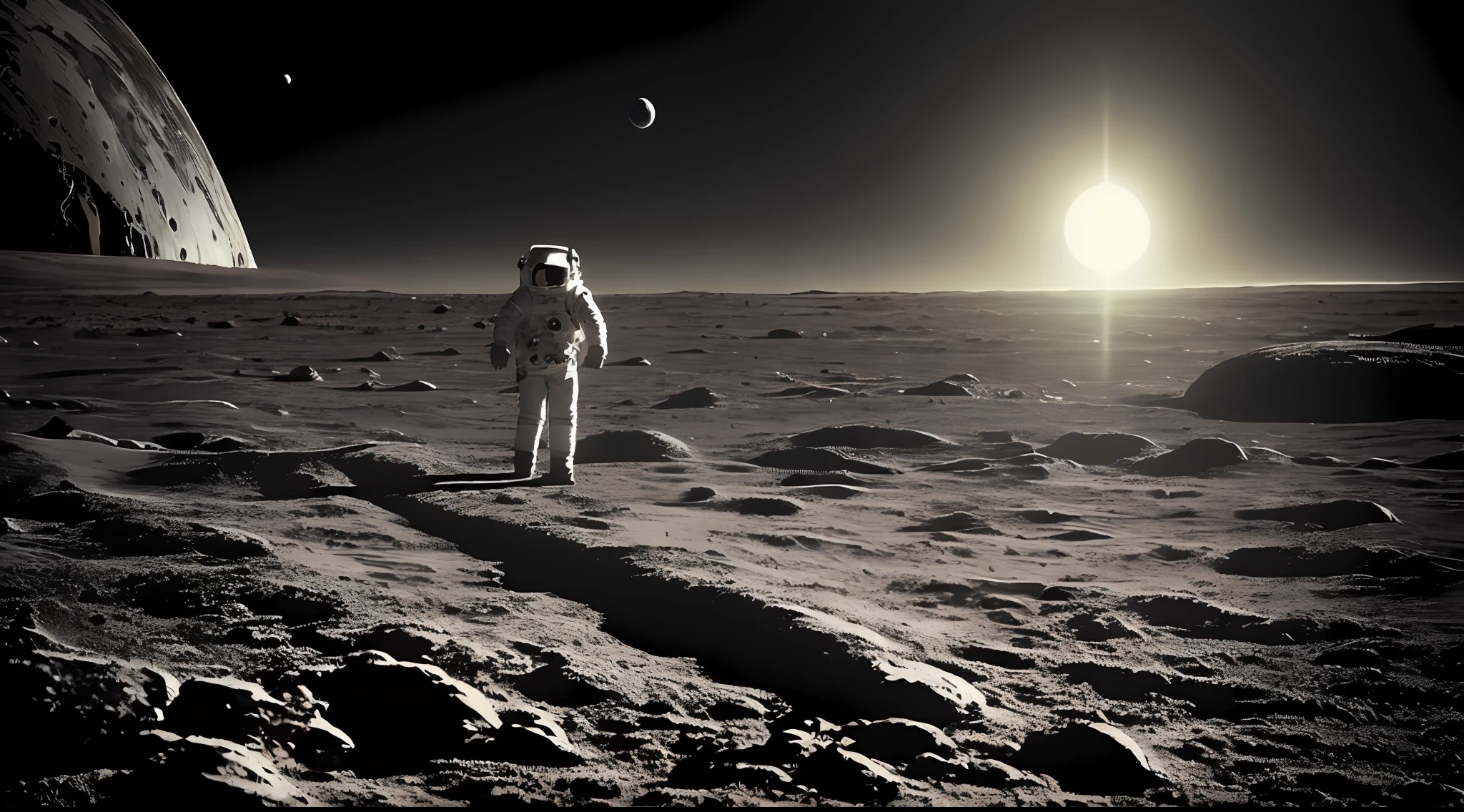 A lone astronaut floating in the void of space, with a backdrop of a colossal, ringed planet. The astronaut's expression is of awe and fear, encapsulated in a close-up shot. Cinematic, photorealistic, and filled with the loneliness of space, by Michael Kenna  --ar 1:1 50 --style raw --s 2