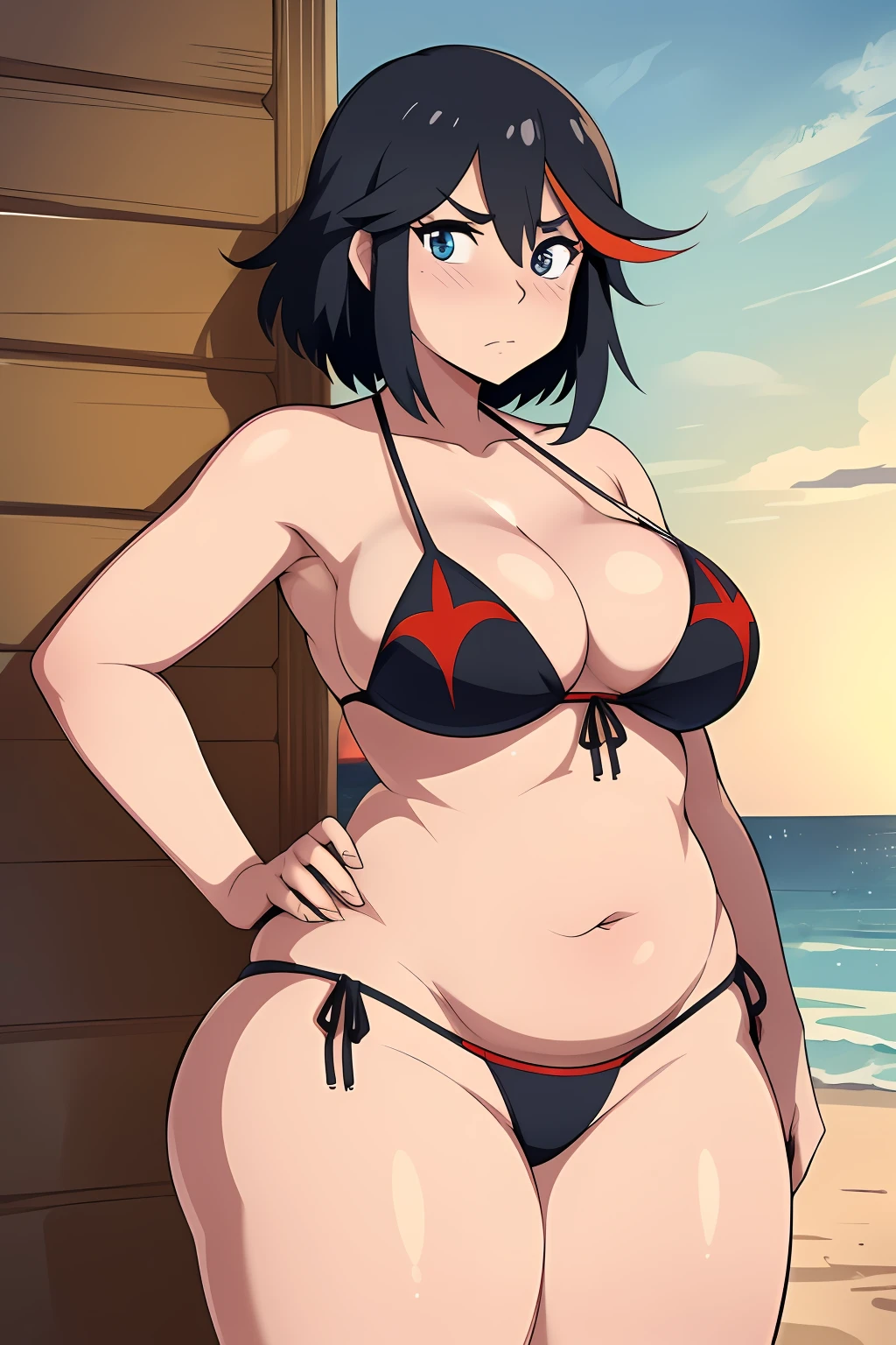 ((kipteitei)), ((masterpiece)), (((best quality))), ((ultra-detailed)), (((illustration))), detailed face, ultra cute face, detailed body, ((Line art)), (in the style of cell shaded), (vivid colors), skindentation, ((1girl)), ((solo)), matoi ryuuko, side tie bikini, undersized bikini, hand on hip, looking at viewer, cowboy shot, blushing, embarrassed, standing on beach, medium breasts, perky breasts, ((wide hips)), (((thick thighs))), thicc, ((fat ass)), ((chubby)), (fat folds),