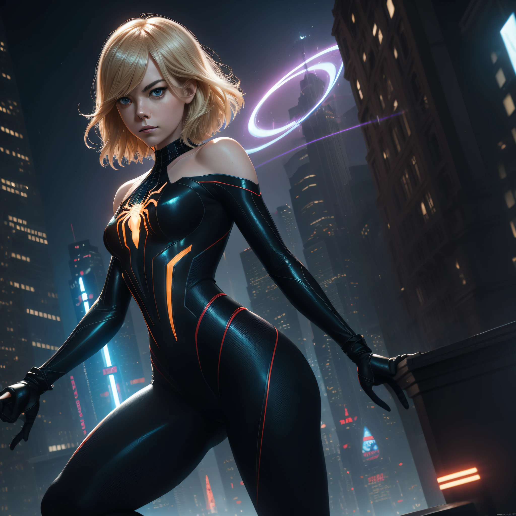 **Emma Stone, Gwen Stacy in Spider-Verse, Extremely Sexy Spider-Man in Spider-Verse, Black and White Costume, Light Skinny White, Lob Hair, Shoulder Hair, Trendy Short Hair, Wavy Hair, Dark to Blonde Hair , (night city background), spider and webs, full body, dynamic pose, beautiful body structure coverage, hyper detailed painting, luminism, slash lighting, complex concept art portrait and 4k resolution by Greg Rutkowski, Artgerm, WLOP, Alphonse Mucha, realistic small pojatti fusion, ((bioluminescent fractal isometric details)) stunning realistic photography, acrobatic pose, crouching, glowing costume, tron integrated circuit