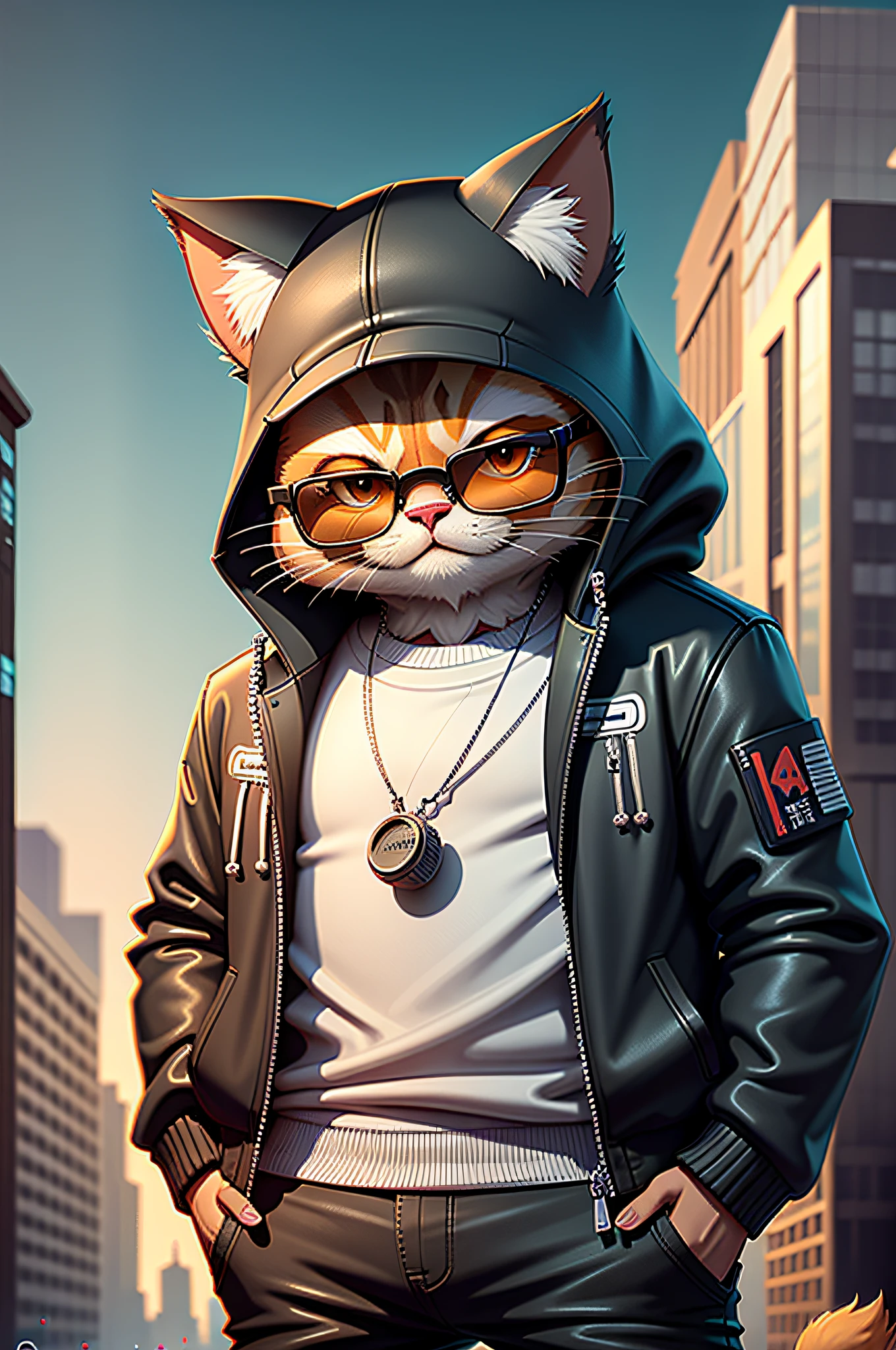 c4tt4stic,A cartoon cat wearing a jacket and sunglasses,,pose handsomely,Cyberpunk city street background