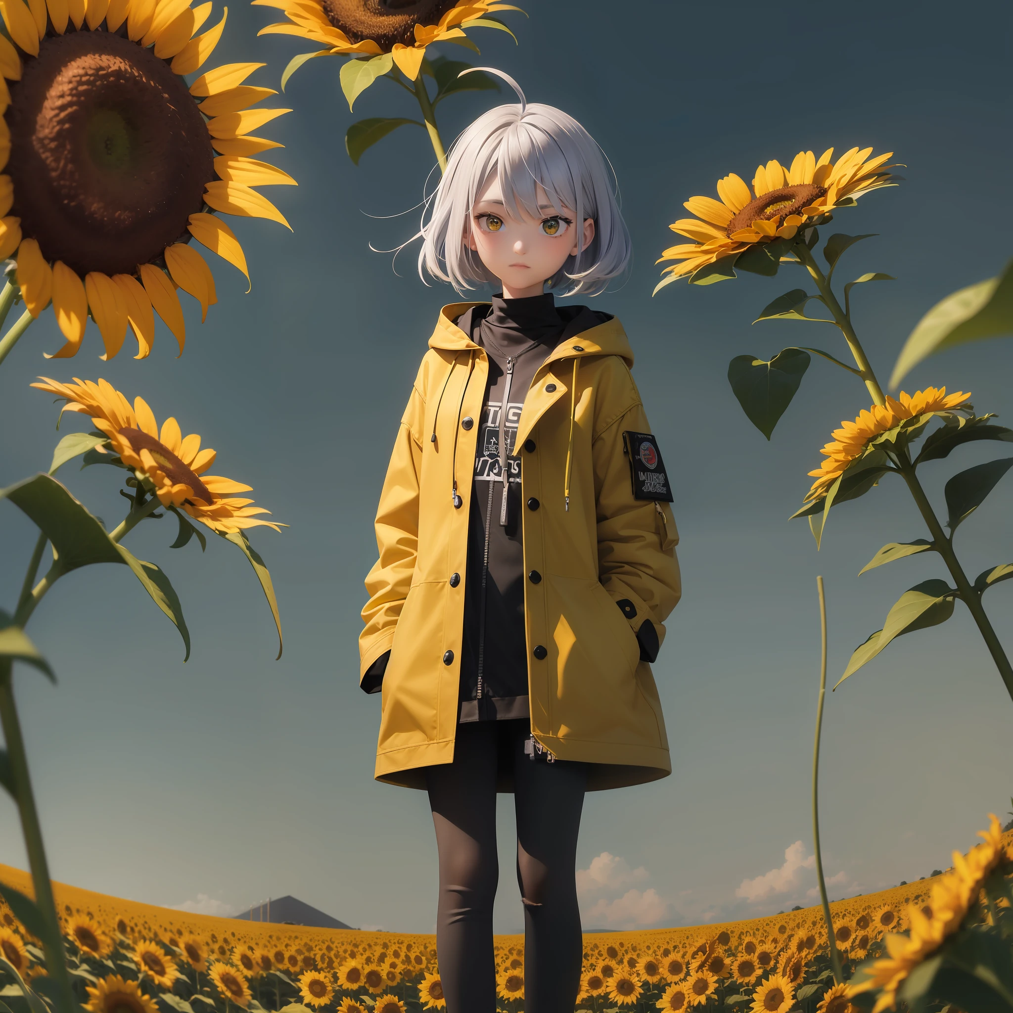 (I want this art with exactly these specifications):-- (comic character full body) a girl, teenager, with yellow eyes, white hair, fair skin, shoulder-length cut, a yellow overcoat, black shirt without print all black shirt, black pants without print, all black straps, in the background a field of sunflowers, blue sky, a black cat,