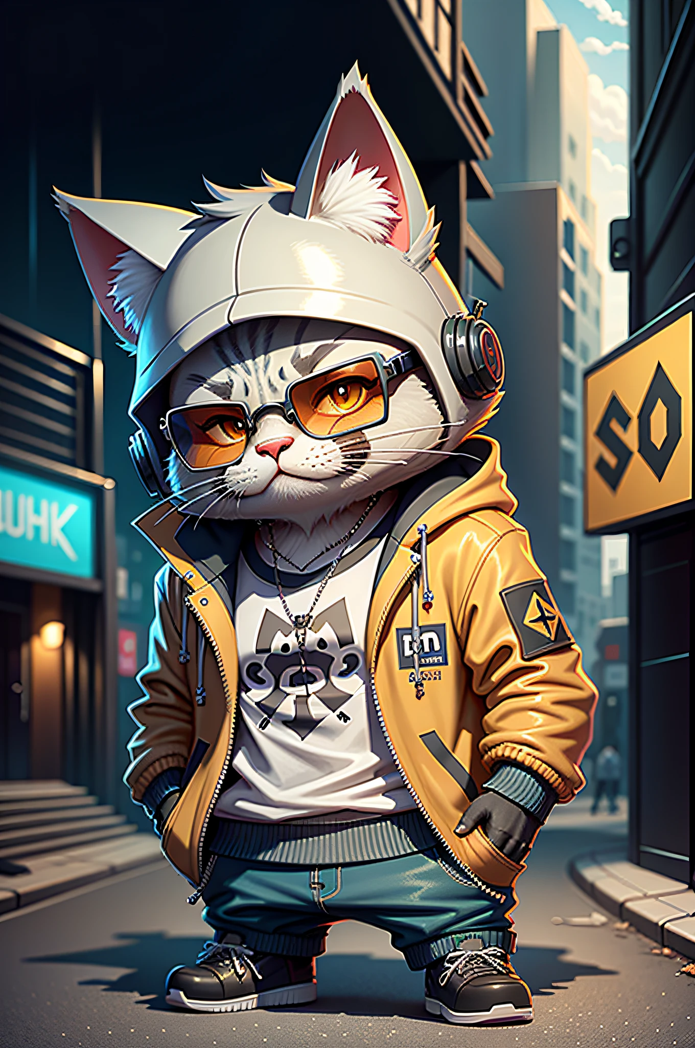 c4tt4stic，A cartoon cat wearing a jacket and sunglasses，,pose handsomely,Cyberpunk city street background