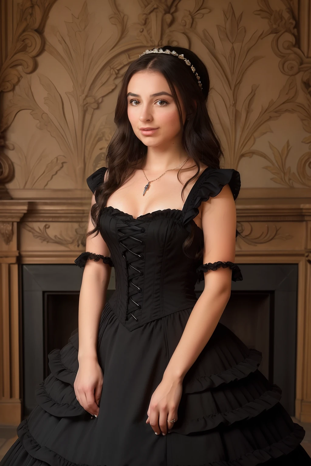 GabEllyse, masterpiece, sharp focus, photo-realistic, award winning hyper realistic photo of (Gabriella Ellyse:1) wearing a (Victorian dress), 8k ultra hd, 4k, (ultra hi definition photo), in an English castle, highest quality, best quality,