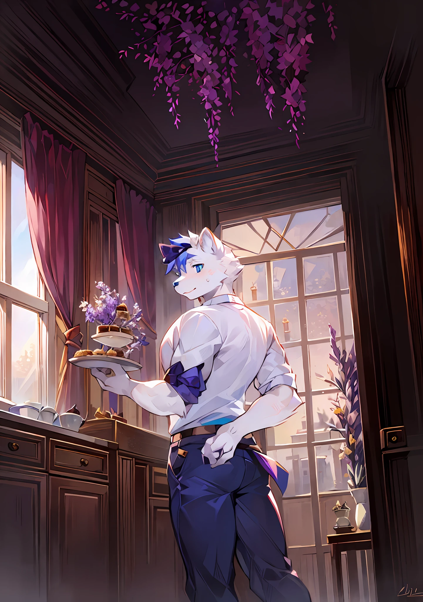 White bear type,Pastry chef,chocolate cake,black tea,Strong body,White tail,inside in room,janelas,Wisteria flowers climb up the window,Gender male,Tall and mighty,Blue eyes,The eyes have bright spots,white bear,Wear a white shirt underneath,blue short pants,Eyes with highlights,The right hand holds a ribbon behind the back