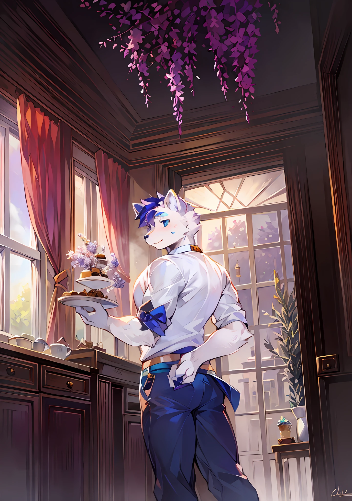 White bear type，Pastry chef，chocolate cake，black tea，Strong body，White tail，inside in room，janelas，Wisteria flowers climb up the window，Gender male，Tall and mighty，Blue eyes，The eyes have bright spots，white bear，Wear a white shirt underneath，blue short pants，Eyes with highlights，The right hand holds a ribbon behind the back
