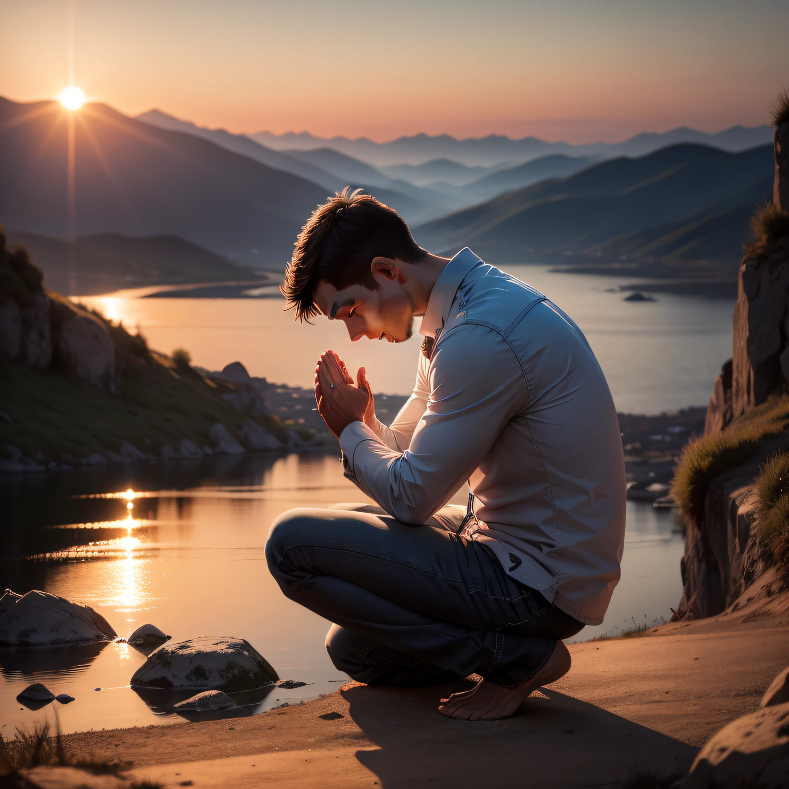 man praying on his knees with faith in front of a landscape there is a sunset, Pro - Vida, proportional, Image centered, realistic photo, A day of calm and peace