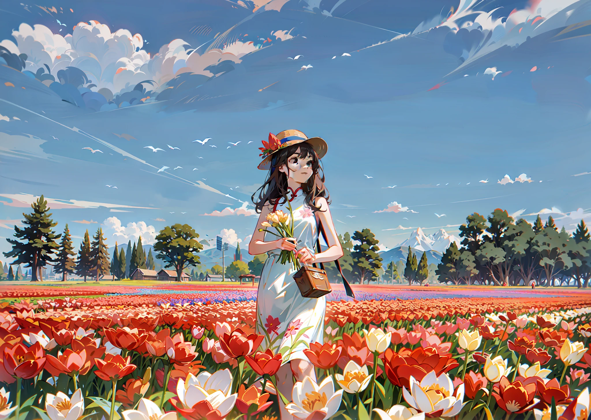 a pretty chinese woman in a field of tulips with a sun hat and sunglasses, wearing a white sleeveless halter dress, tall and slim, dark wavy hair, standing in tulips field, standing in a flower field, woman standing in flower field, standing in a field with flowers, flower fields, girl standing in a flower field, girl in a flower field, in a field of flowers, girl standing in flower field, in a field with flowers