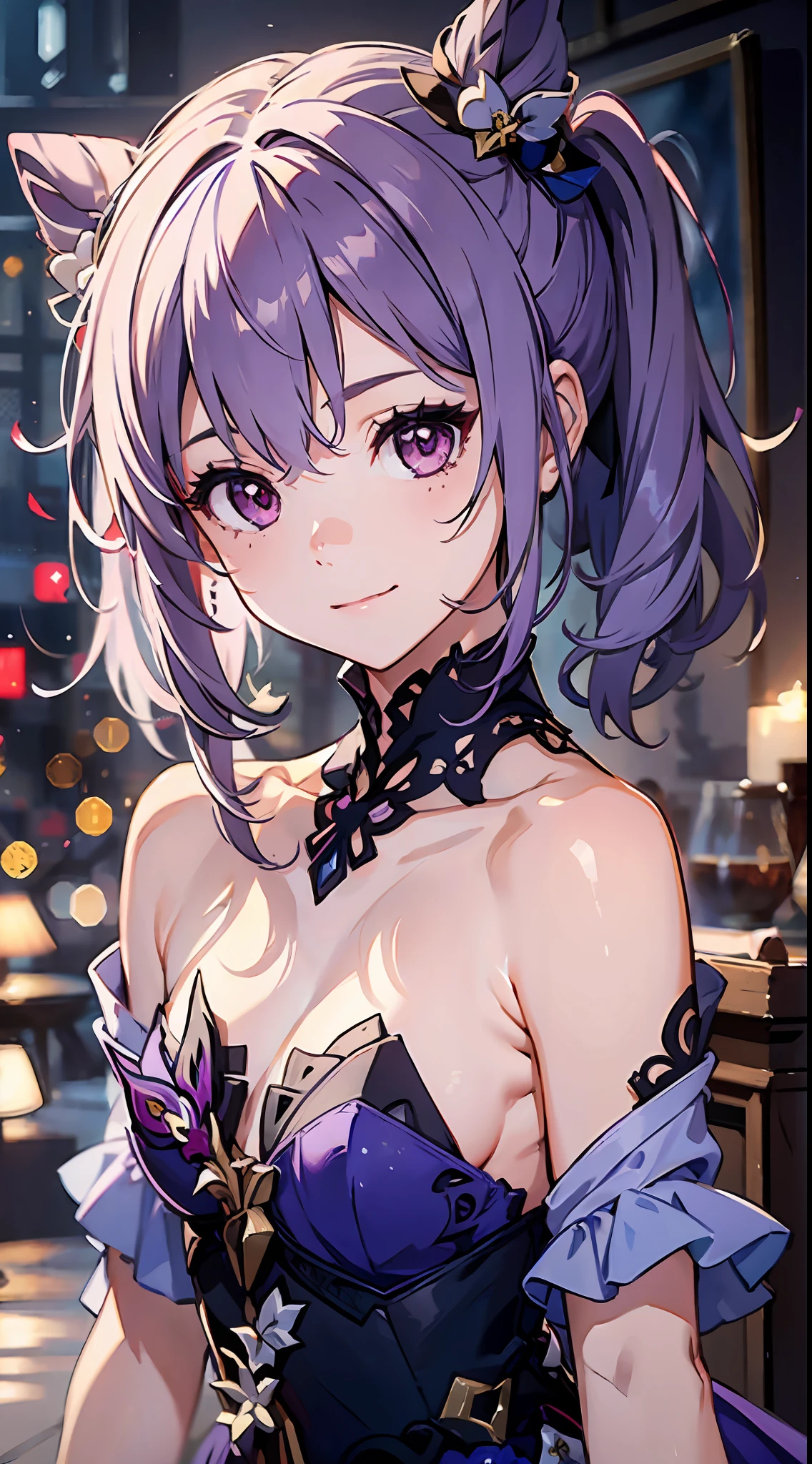 1girl, (solo:1.2), ((masterpiece)), [slim], (small chest), pale skin, ((detailed eyes)), (bokeh effect), dynamic pose, medium shot, keqingdef, purple hair, hair vent, purple dress, closed mouth, smiling, bare shoulders, (purple theme)