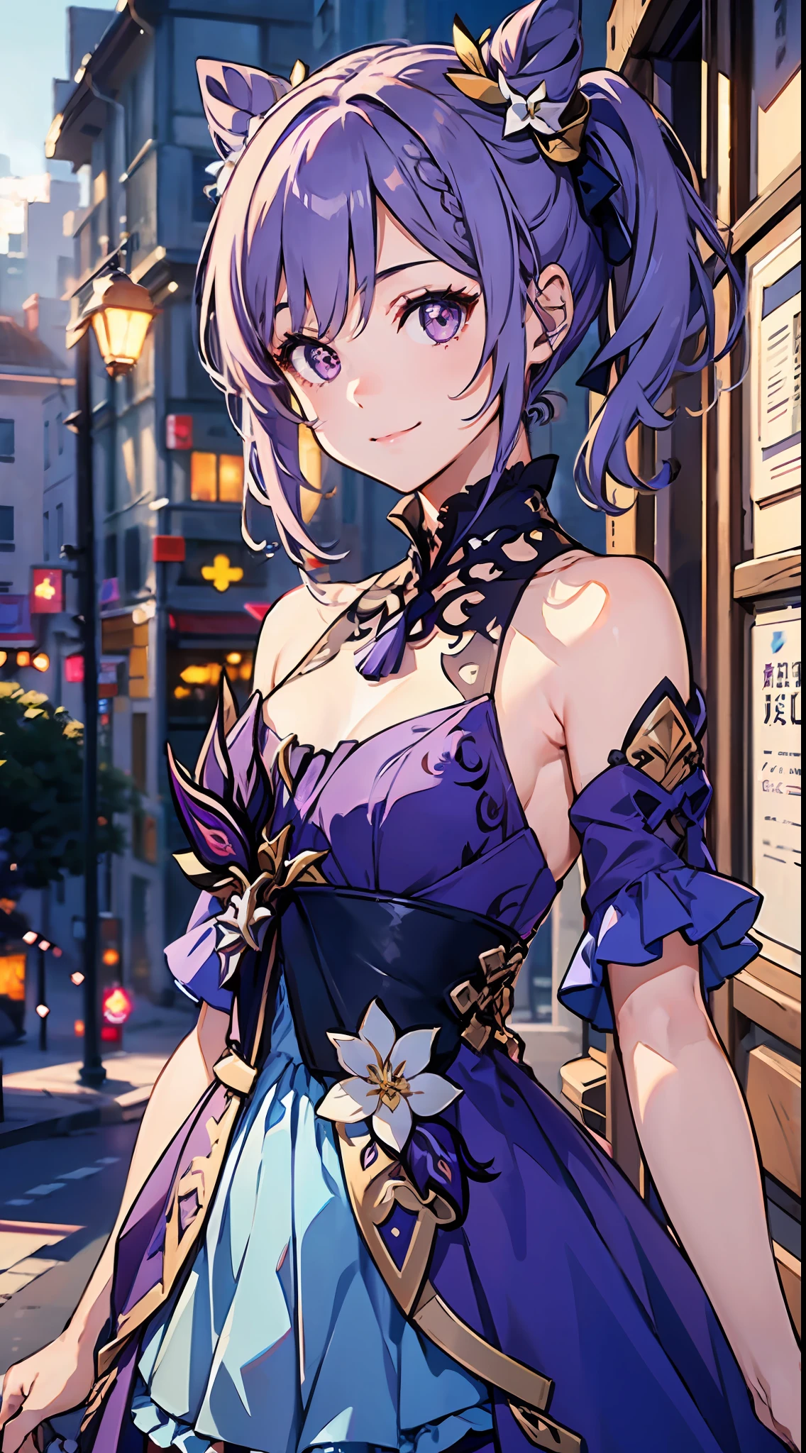 1girl, (solo:1.2), ((masterpiece)), [slim], (small chest), pale skin, ((detailed eyes)), (bokeh effect), dynamic pose, medium shot, keqingdef, purple hair, hair vent, purple dress, closed mouth, smiling, bare shoulders, (purple theme)