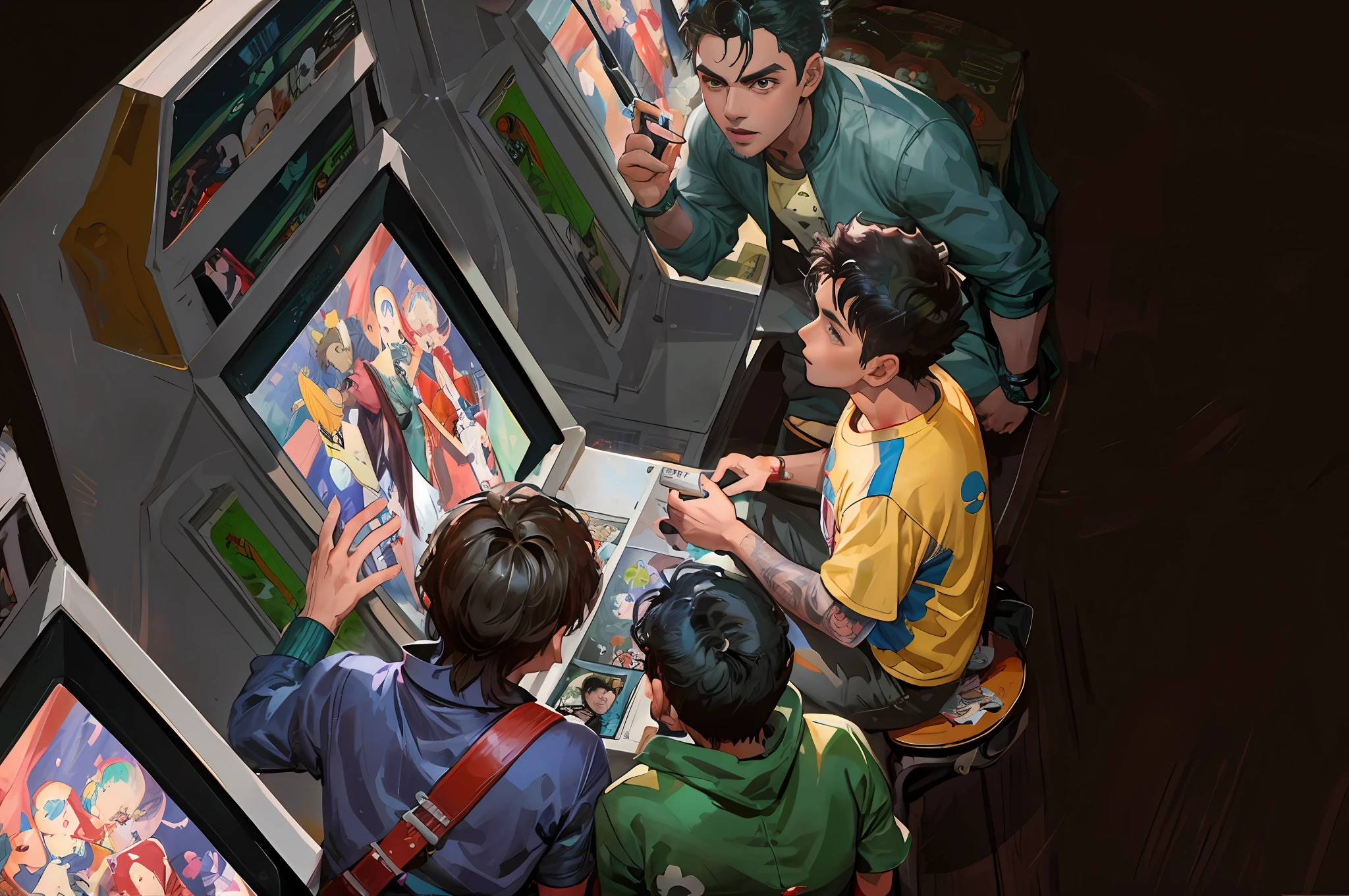 There are two boys playing video games at a small table, Fan art, rob rey and kentaro miura style, inspired by Rudy Siswanto, Game illustration, inspired by Liam Wong, gta chinatowon art style, jc leyendecker and sachin teng, a busy arcade, Playing games, hirohiko araki artwork, rpg game art