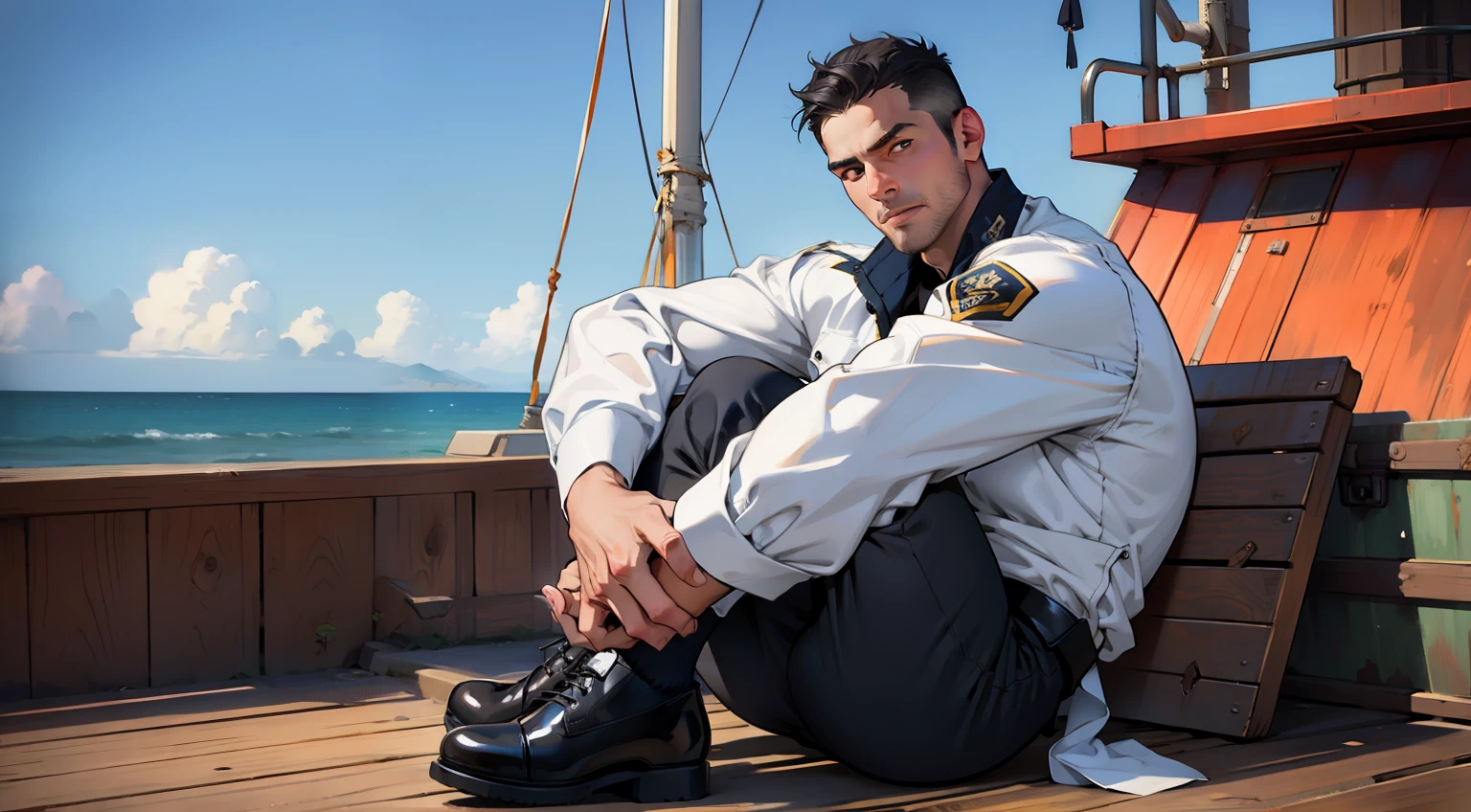 masterpiece, best quality, face, natural eyes, 1man, european, big feet, black socks, (in suit), a businessman in suit, sitting with leg stretched, full body, white shirt, only wear white shirt, black socks, black socks, black socks, leather shoe, large bulge, long legs, looking at viewer, 30 years old, muscled and mature, short haircut, legs streched, sweating, tight cloth, erecting