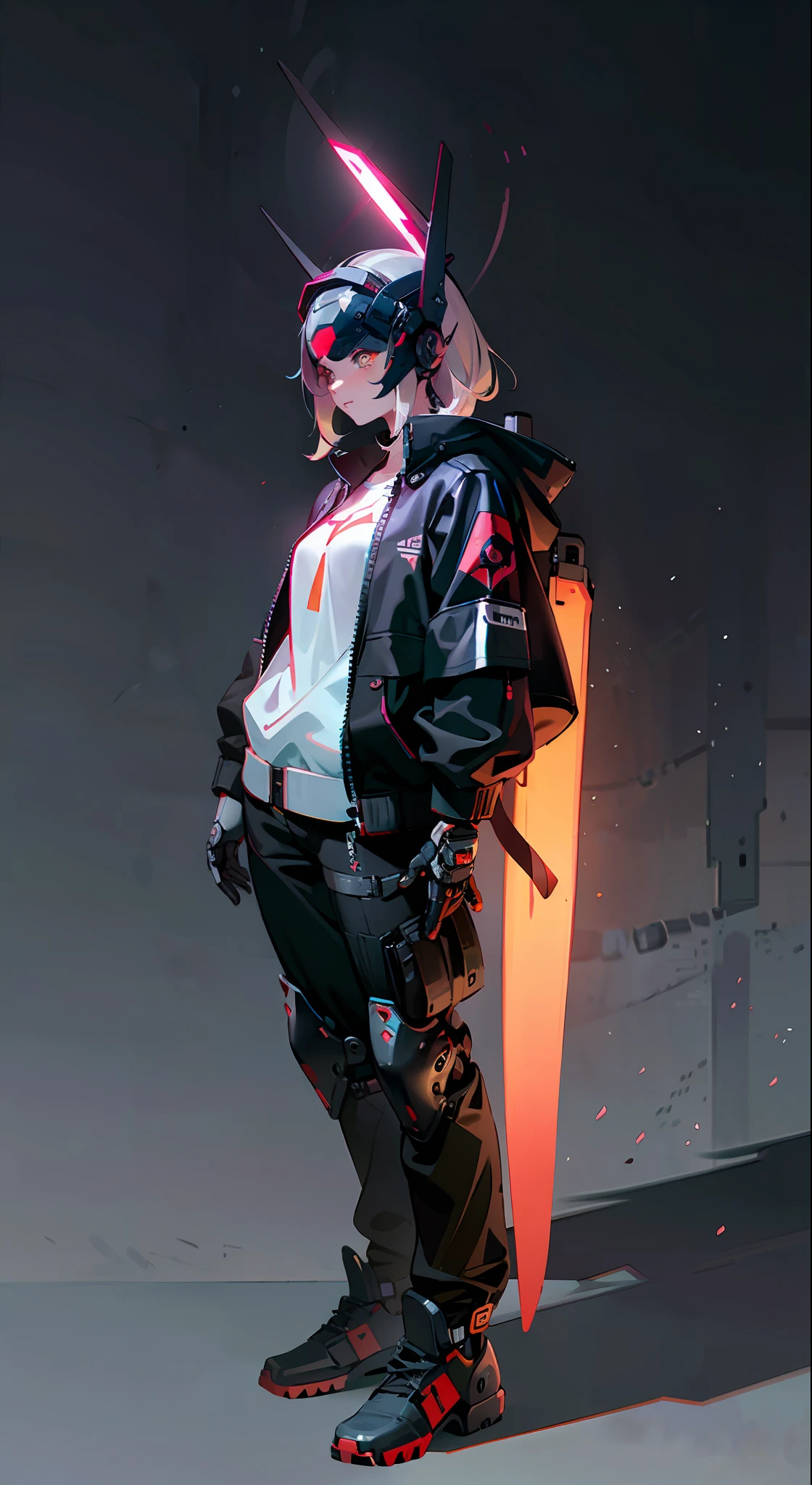 Masterpiece, best quality, a close-up of a futuristic-looking cyborg girl with a fantastic cyberhelmet head with red triangular LED lights and a halo, dressed in a black Techwear jacket, full body white background