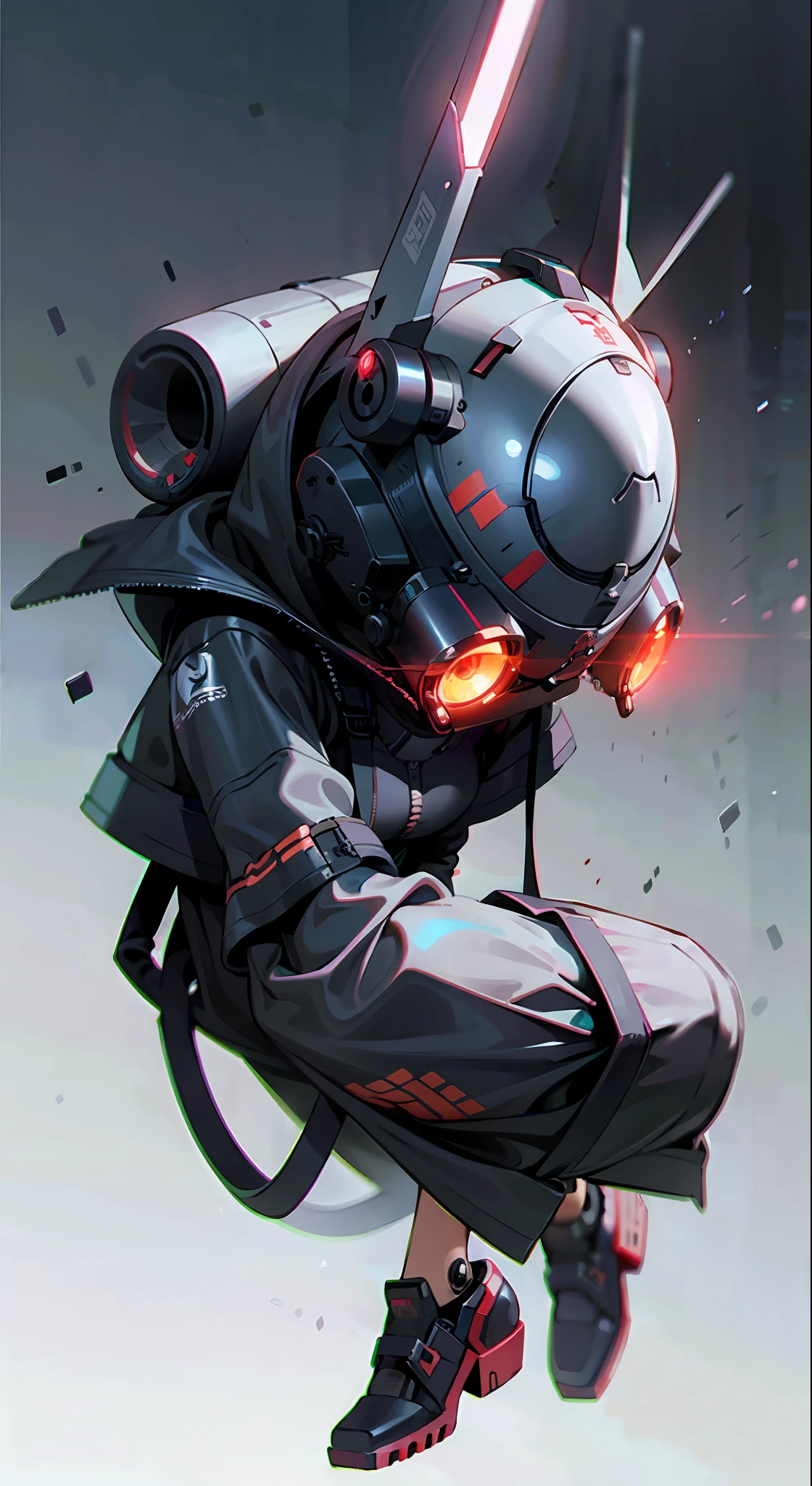 Masterpiece, best quality, a close-up of a futuristic-looking cyborg girl with a fantastic cyberhelmet head with red triangular LED lights and a halo, dressed in a black Techwear jacket, full body white background
