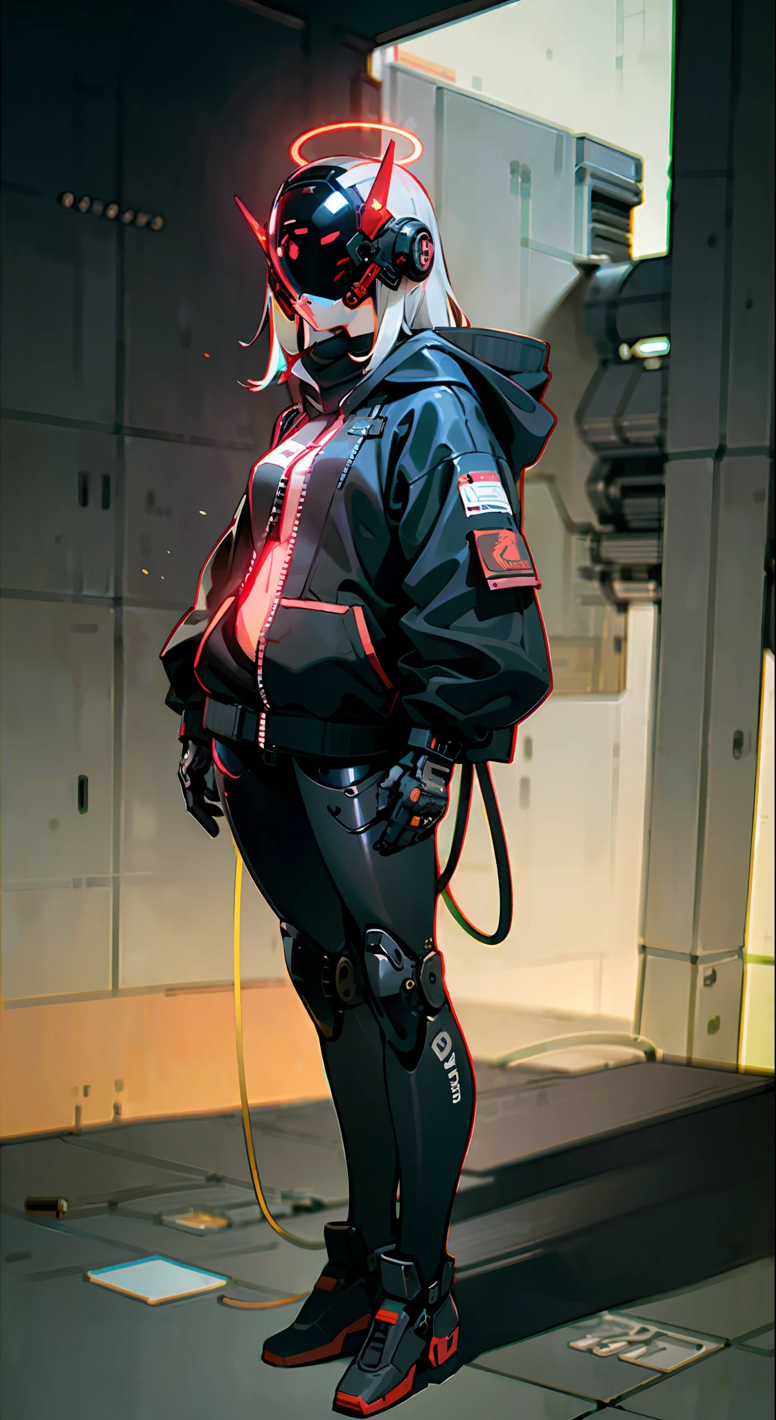 Masterpiece, best quality, a close-up of a futuristic-looking cyborg girl with a fantastic cyberhelmet head with red triangular LED lights and a halo, dressed in a black Techwear jacket, full body white background