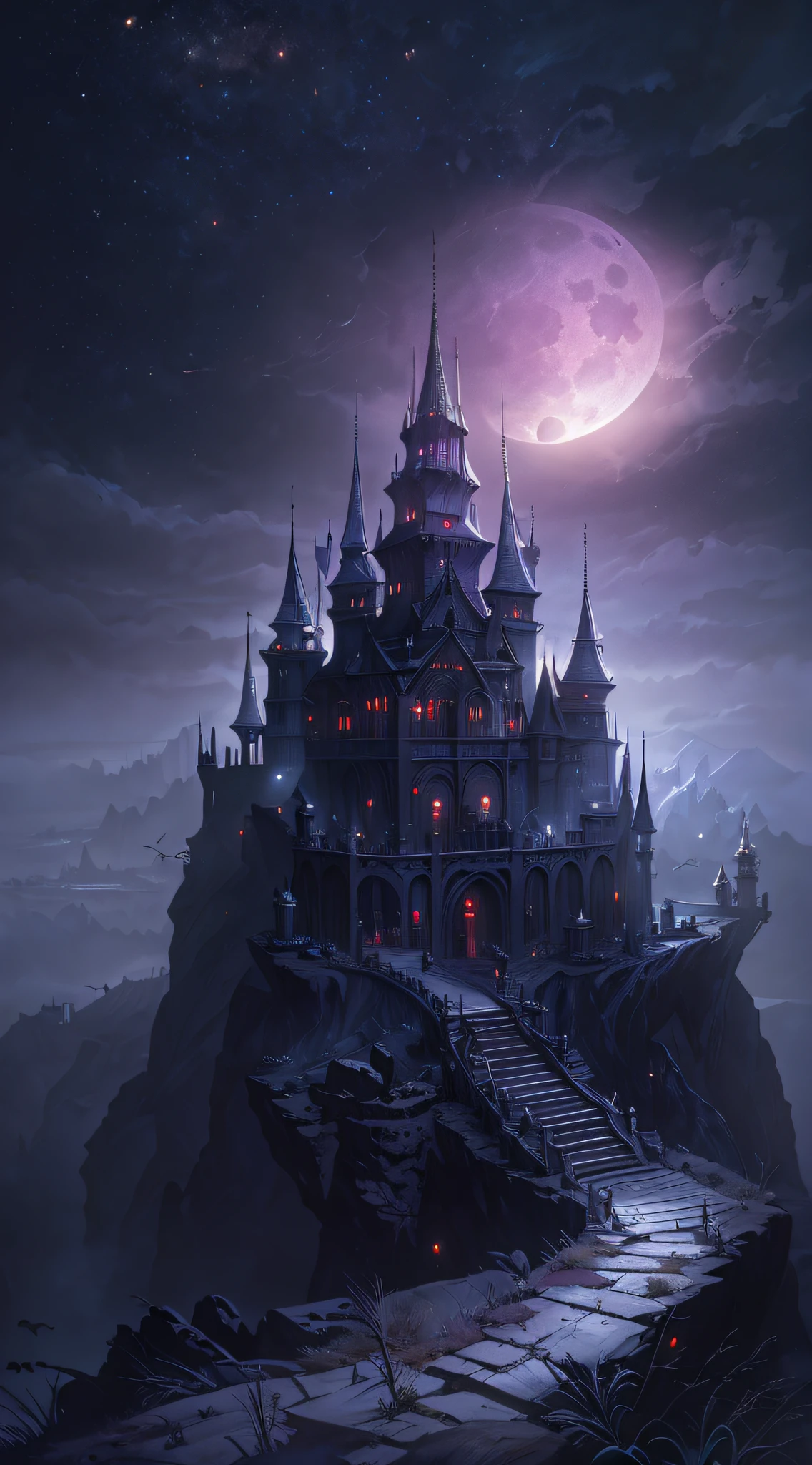 black majestic fantasy fortress under a pale moon engulfed in arcane fog trails in the style of marcin rubinkowski, greg rutkowski, lorenzo lanfranconi, oleg zherebin, trending on artstation, ultra wide angle